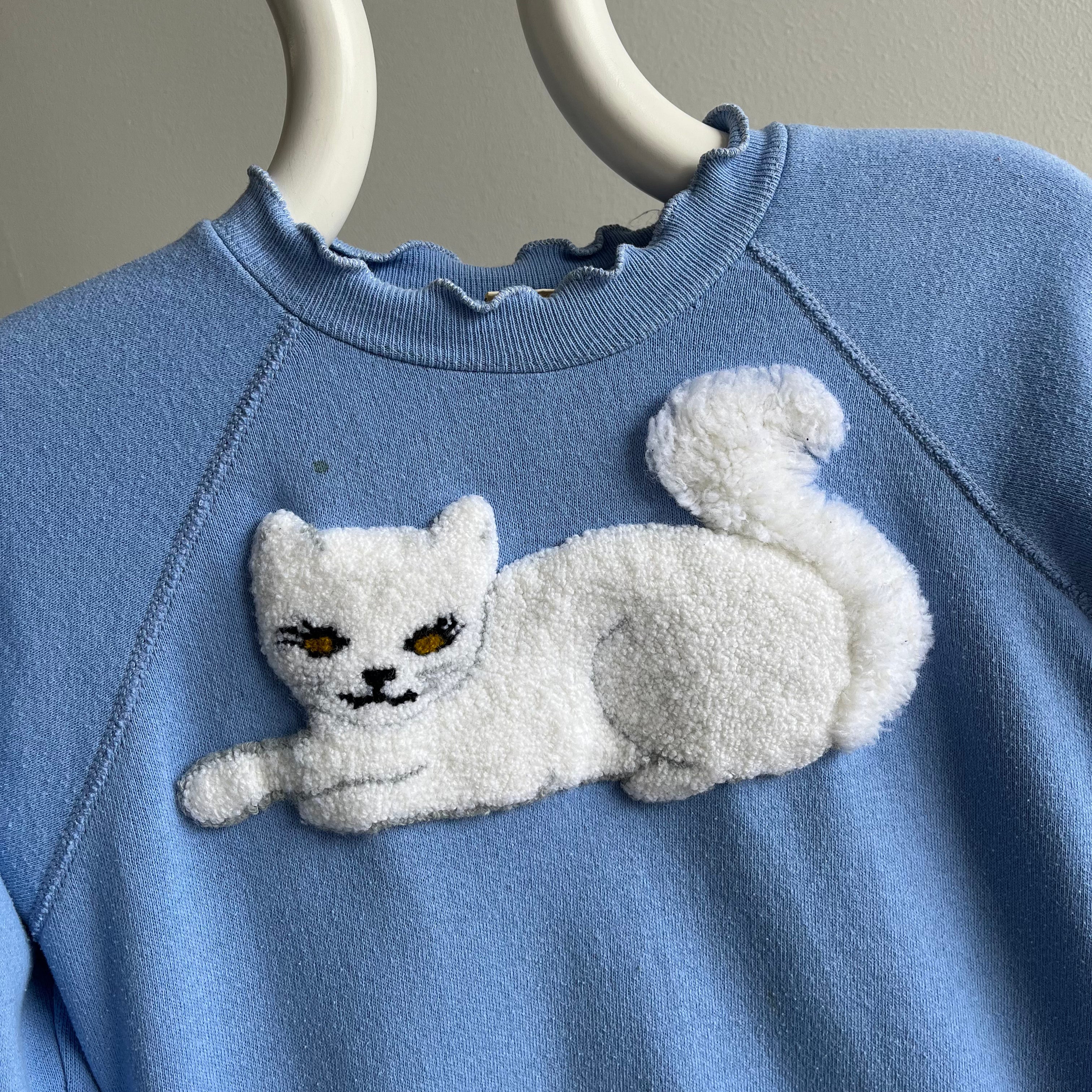 1980s DIY FLuffy Fuzzy White Cat with Ruffled Cuffs Sweatshirt - Like, Woah