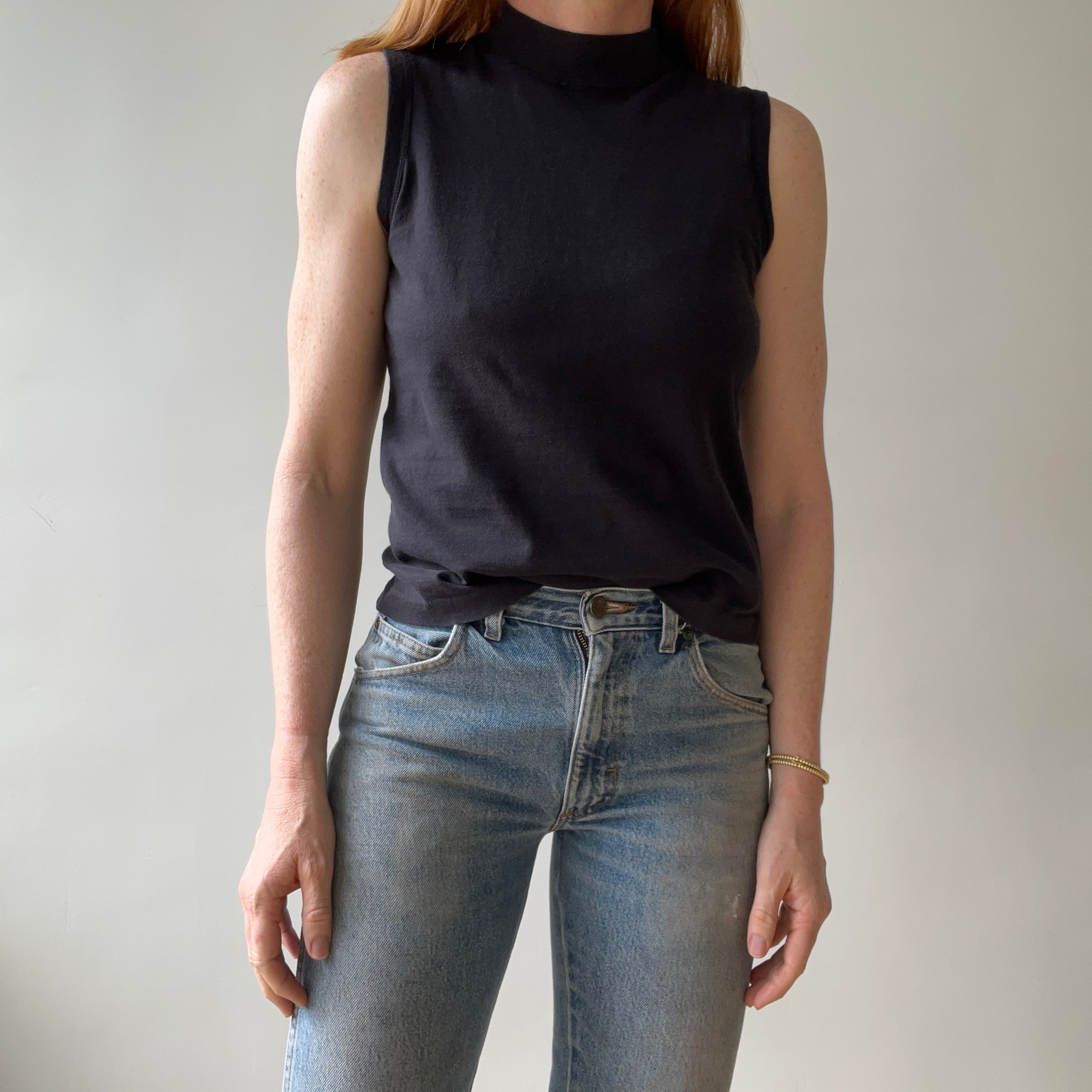 1980s Blank Black Mock Neck Muscle T Shirt