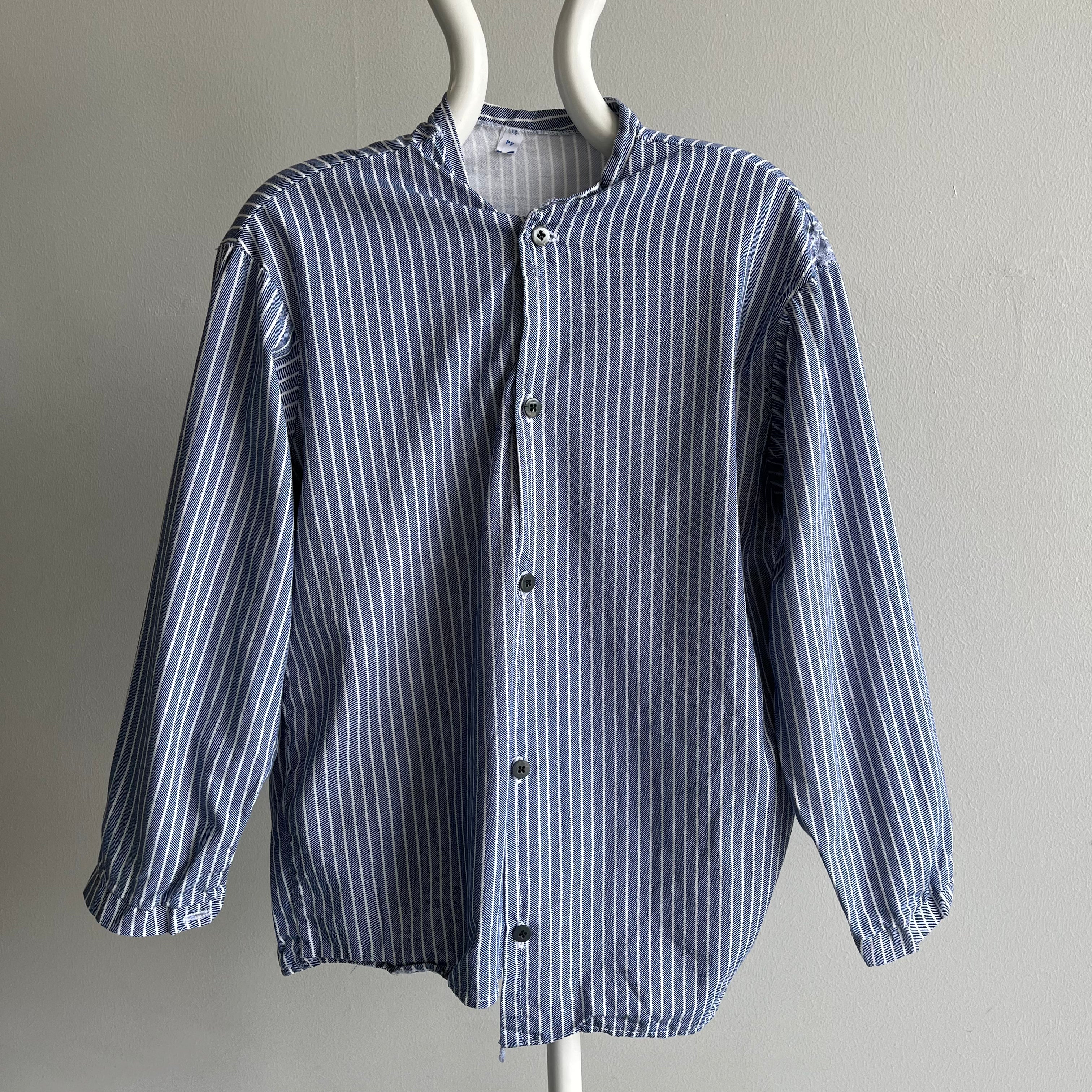 1970s French Workwear Cotton Striped Shirt with Misaligned Buttons