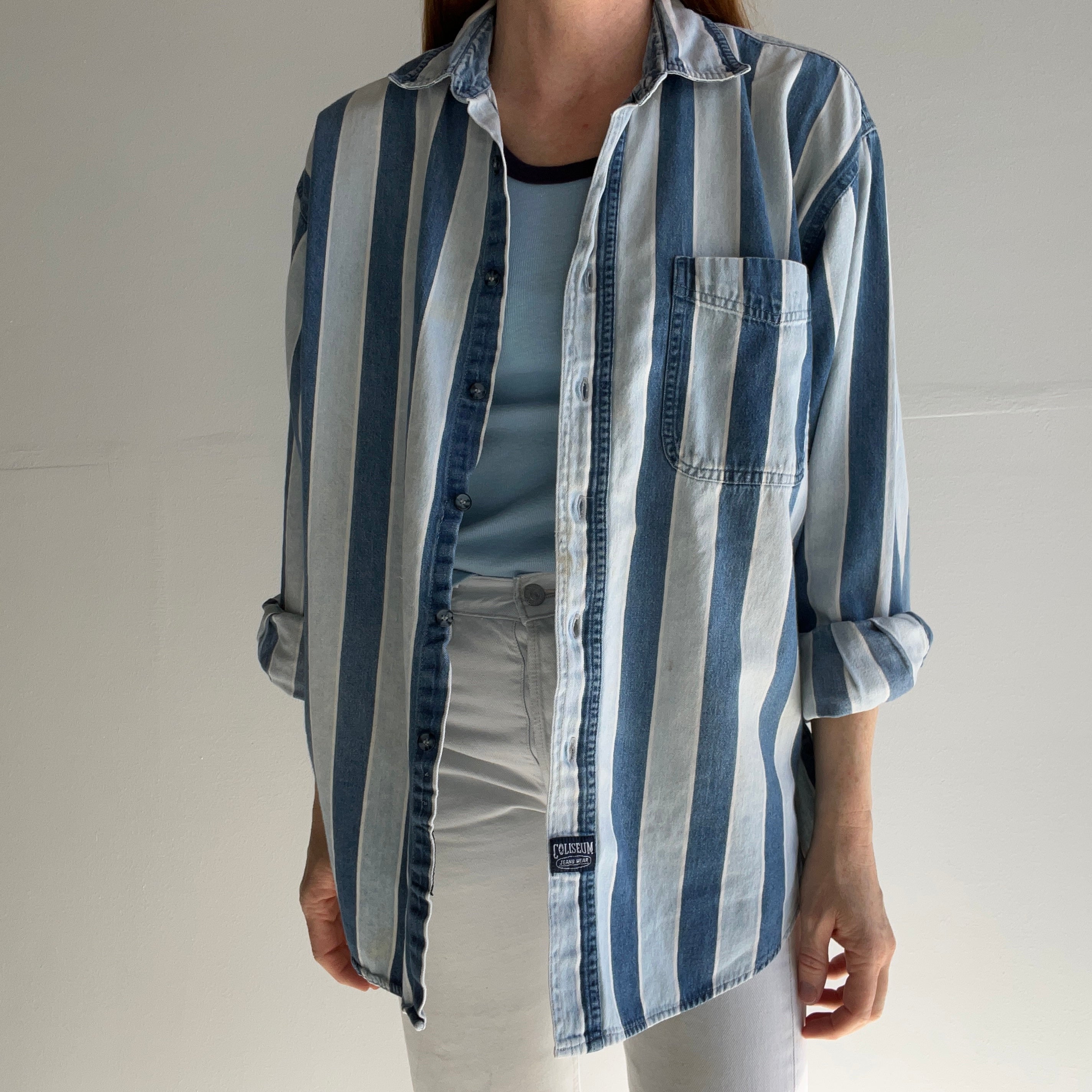 1990s Striped Denim Cotton Button Down Shirt