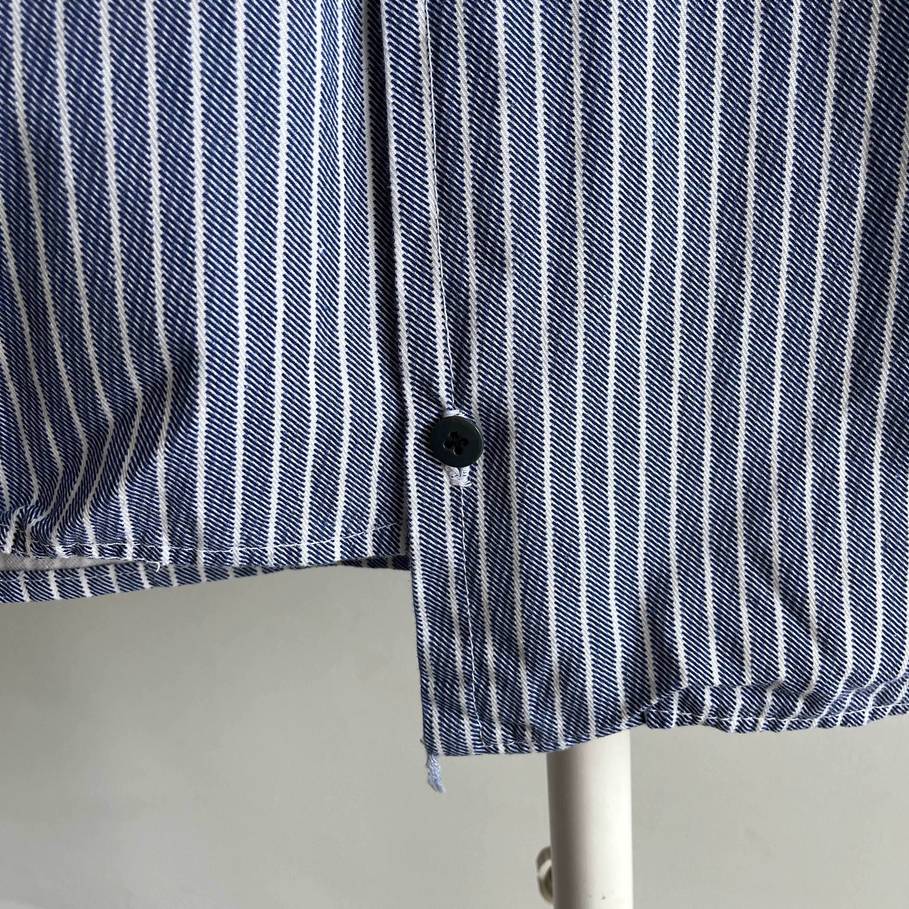 1970s French Workwear Cotton Striped Shirt with Misaligned Buttons