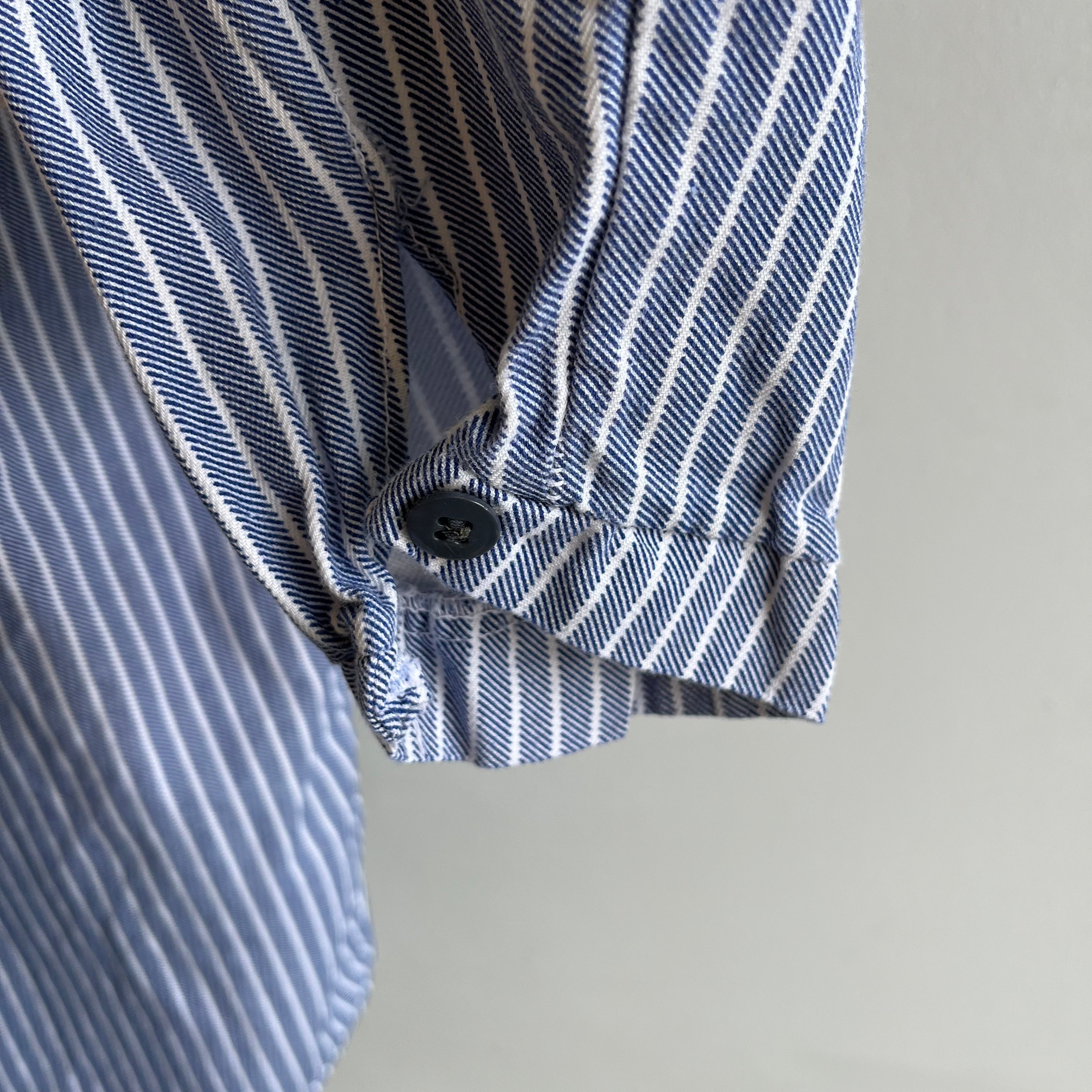 1970s French Workwear Cotton Striped Shirt with Misaligned Buttons