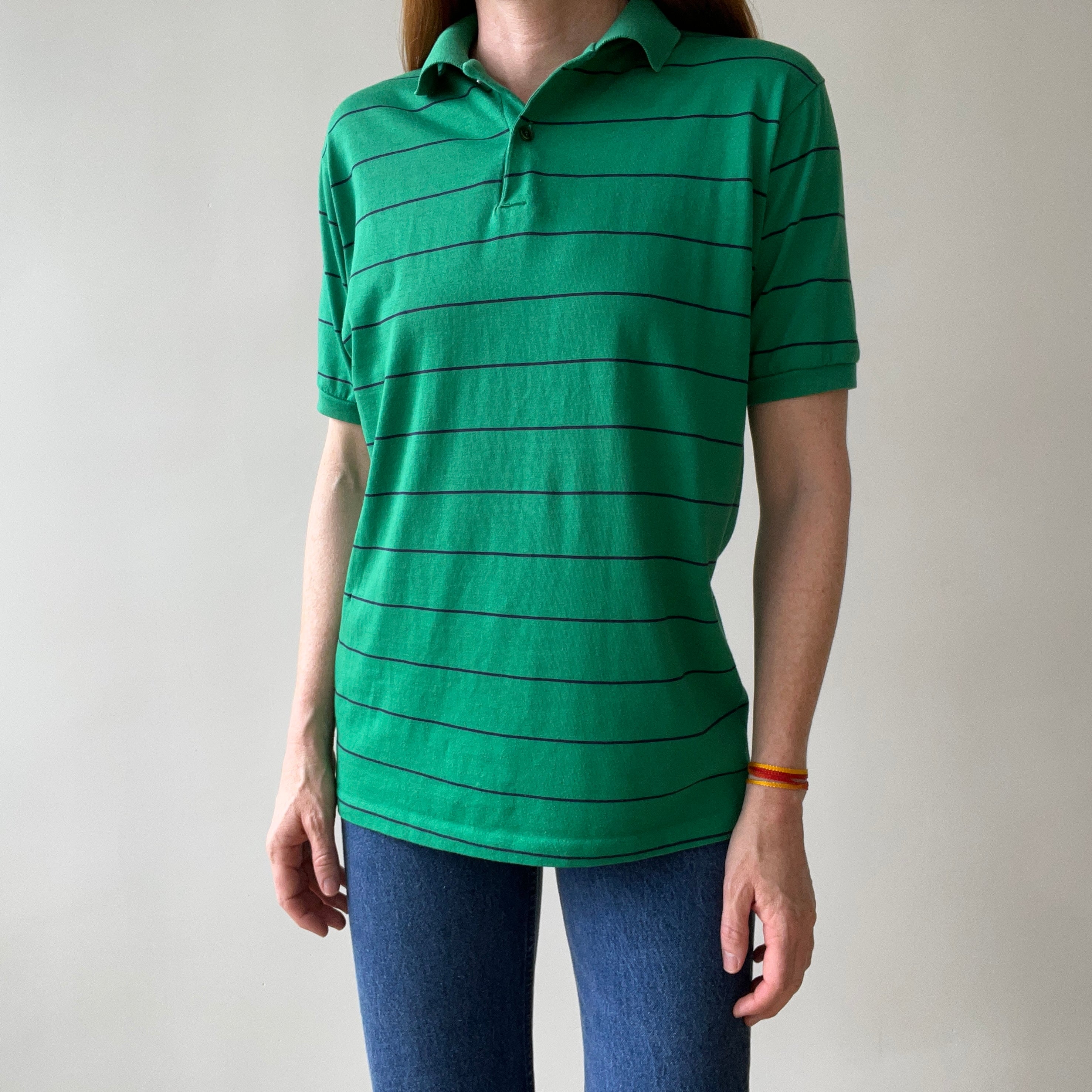 1970s/80s Green and Navy Striped Polo Style T Shirt - A Good One!