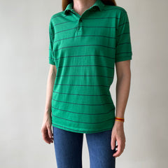 1970s/80s Green and Navy Striped Polo Style T Shirt - A Good One!