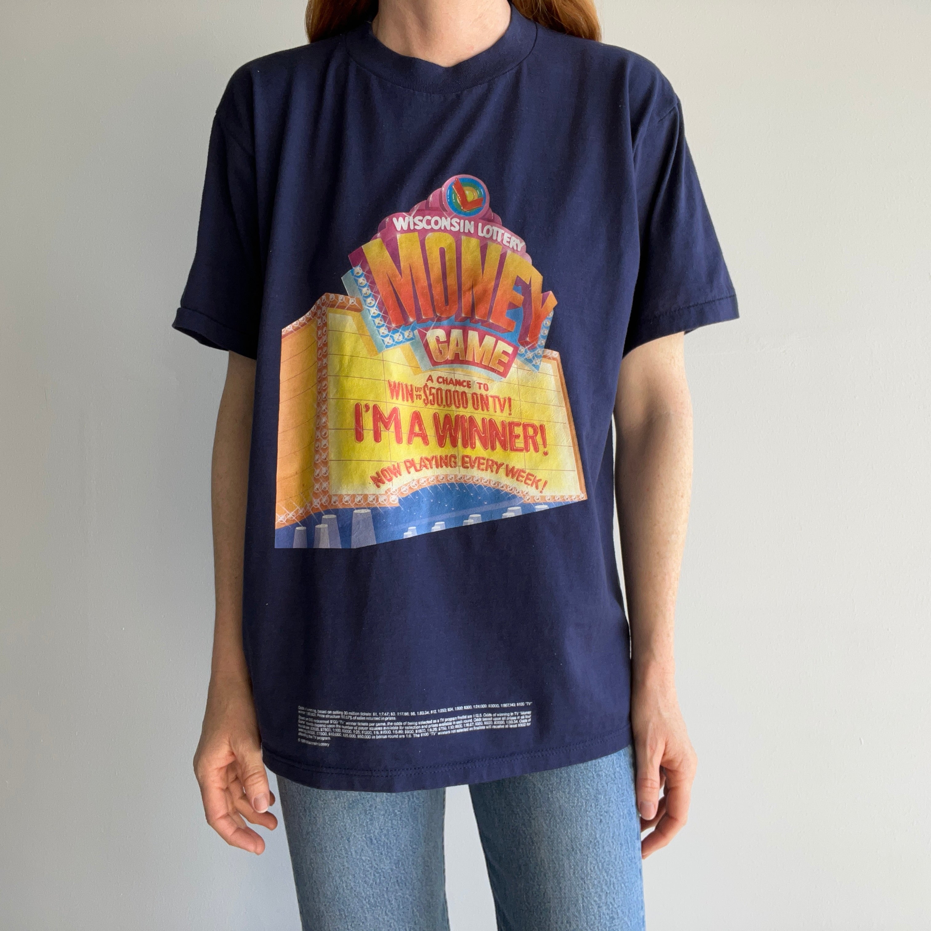 1989 Wisconsin Lottery T-Shirt with Small Print Disclaimer