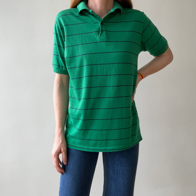 1970s/80s Green and Navy Striped Polo Style T Shirt - A Good One!