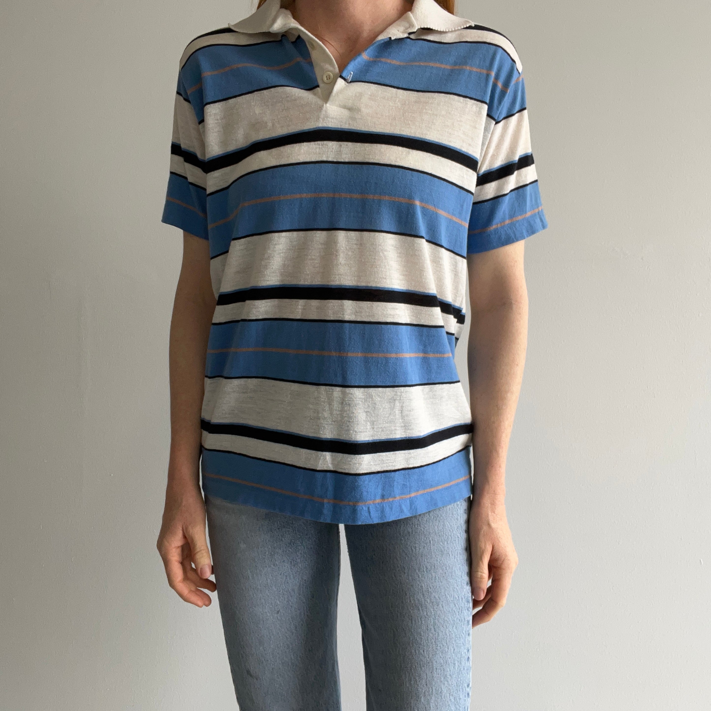 1980s Blue and White Striped Polo Shirt