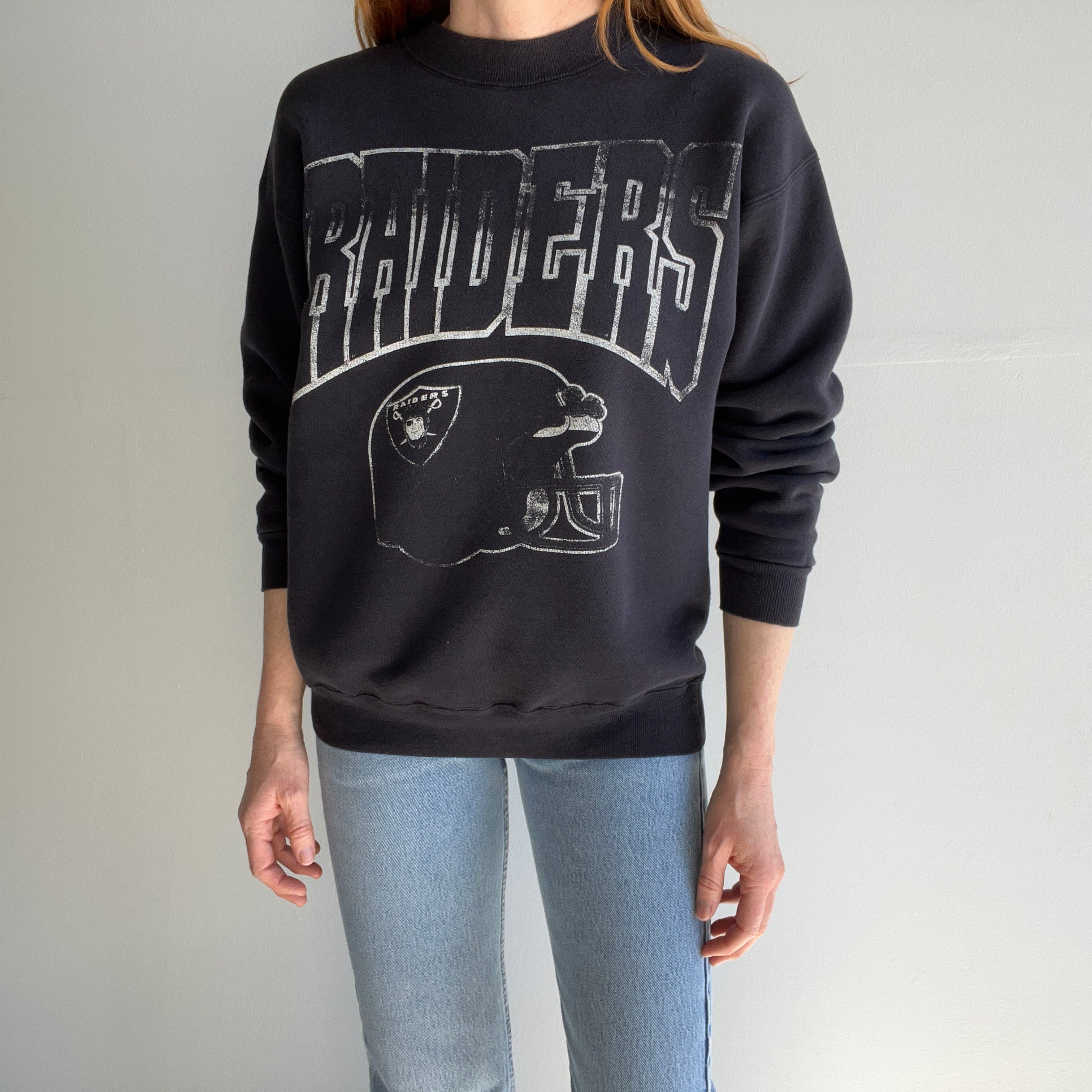 1990s Super Rad Hand Mended Raiders Sweatshirt - Killer Gauge and Fading