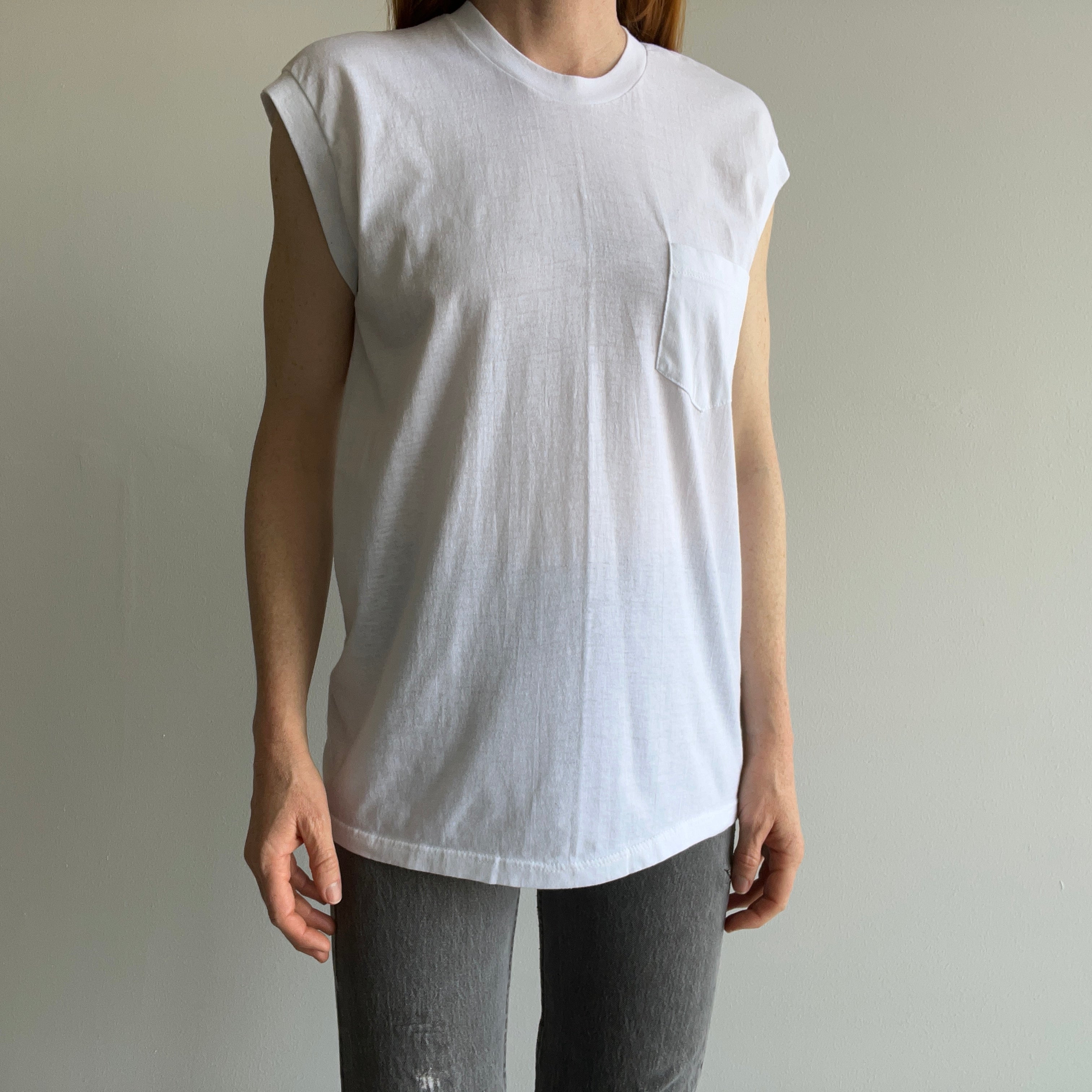 1980s Blank White Pocket Muscle T-Shirt