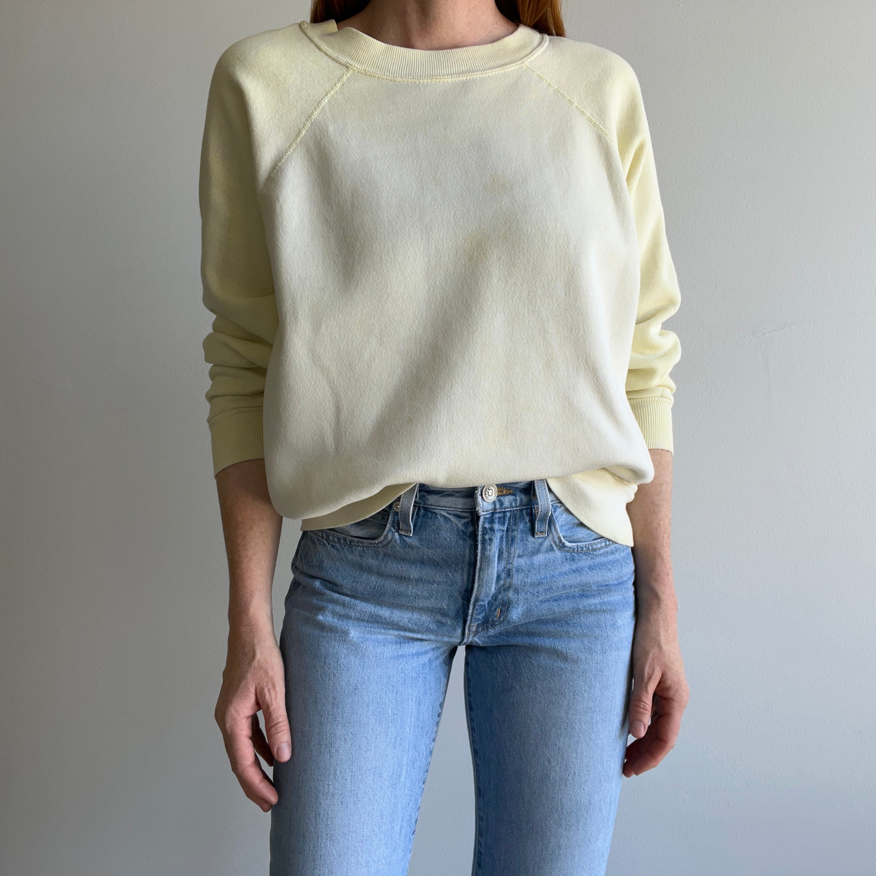 1980s Super Sun Faded and Stained Buttery Pale Yellow Sturdy Sweatshirt by Pannill