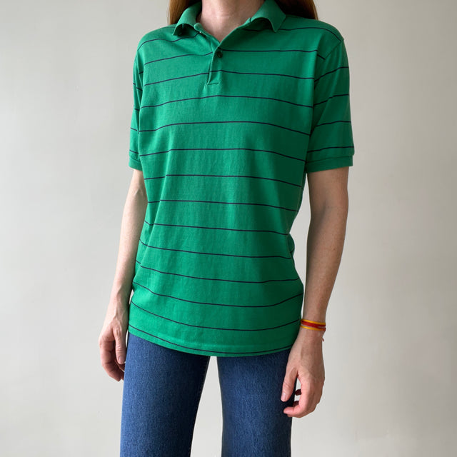 1970s/80s Green and Navy Striped Polo Style T Shirt - A Good One!