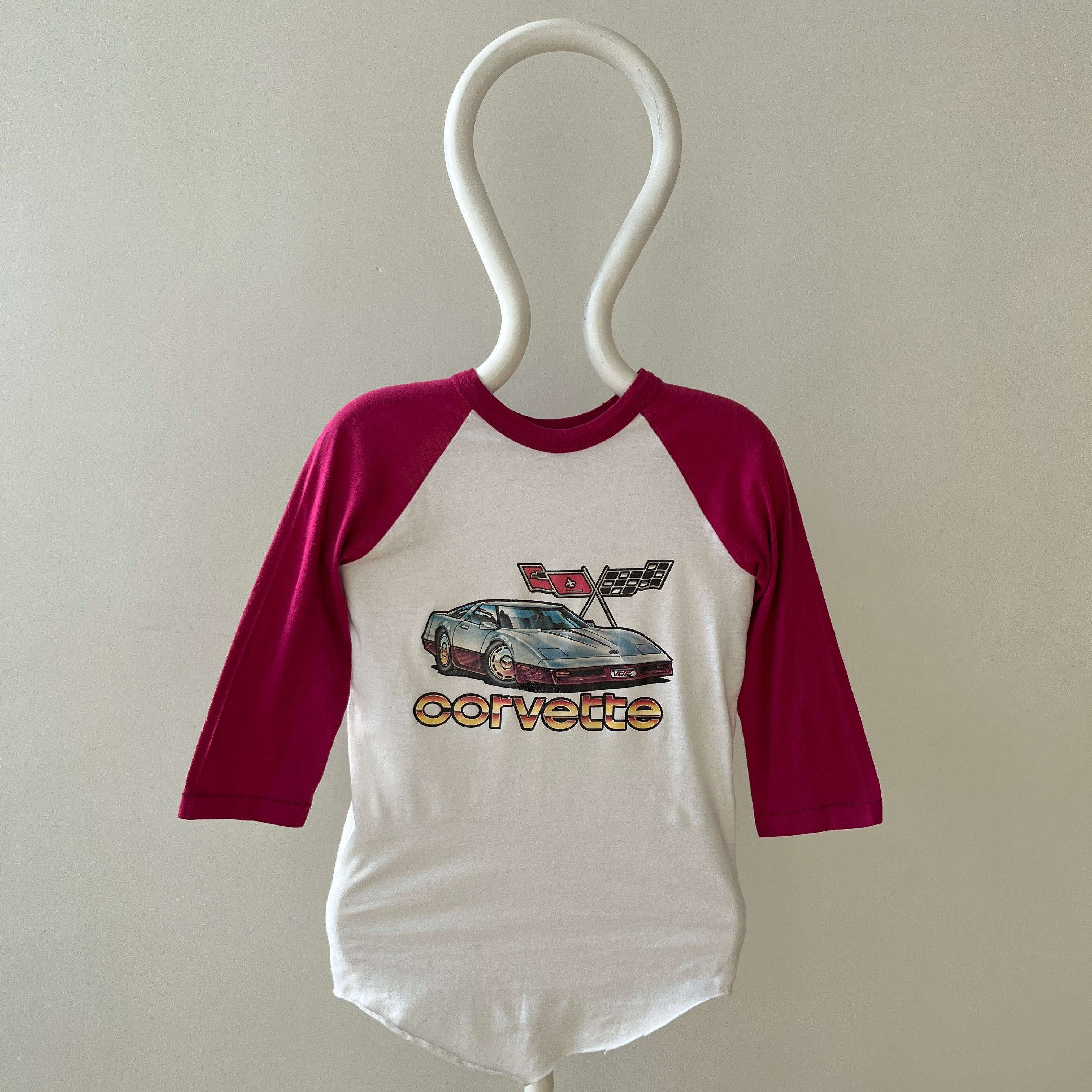 1970s Corvette Pink and White Baseball T Shirt