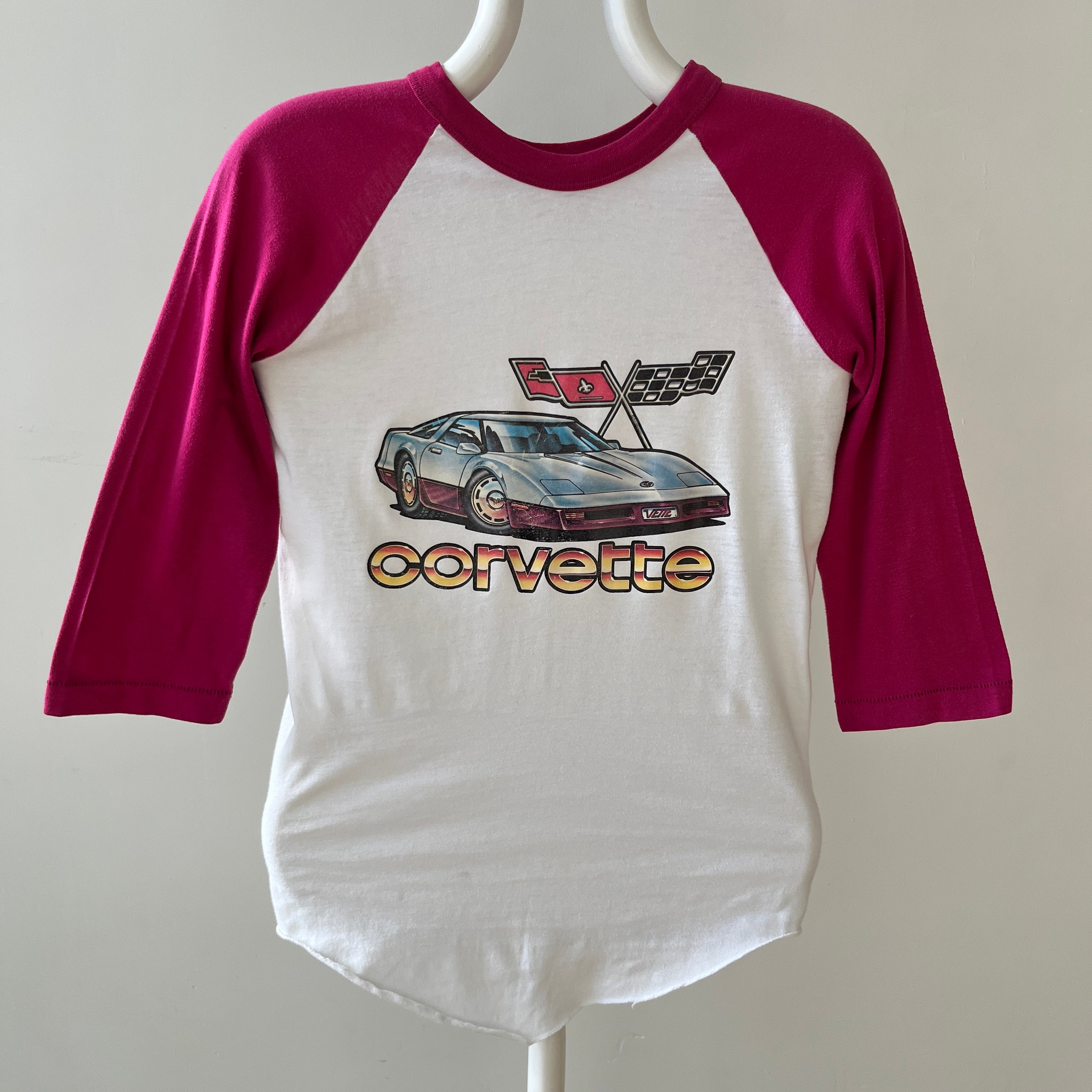 1970s Corvette Pink and White Baseball T Shirt