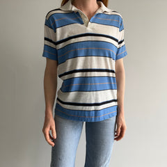 1980s Blue and White Striped Polo Shirt