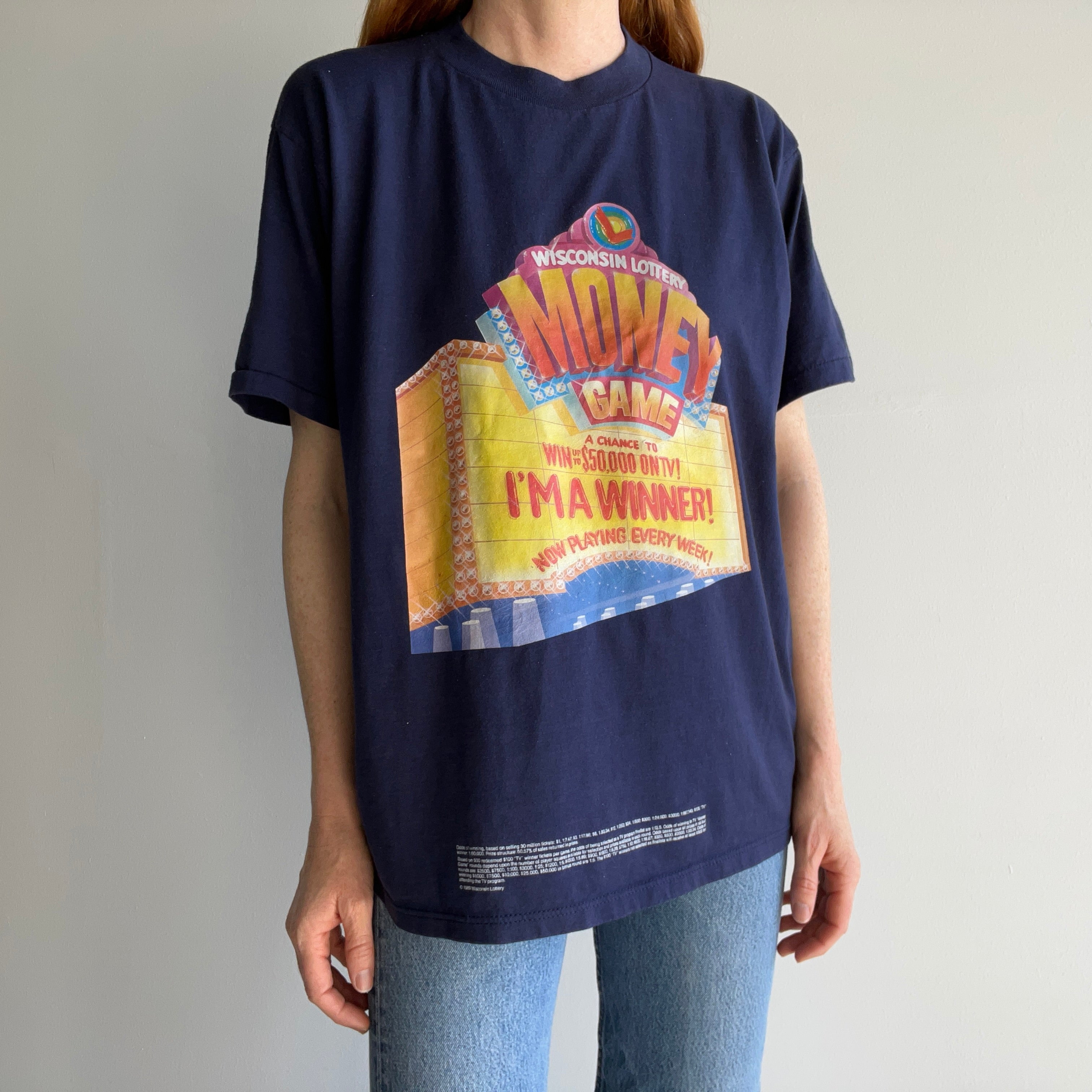 1989 Wisconsin Lottery T-Shirt with Small Print Disclaimer