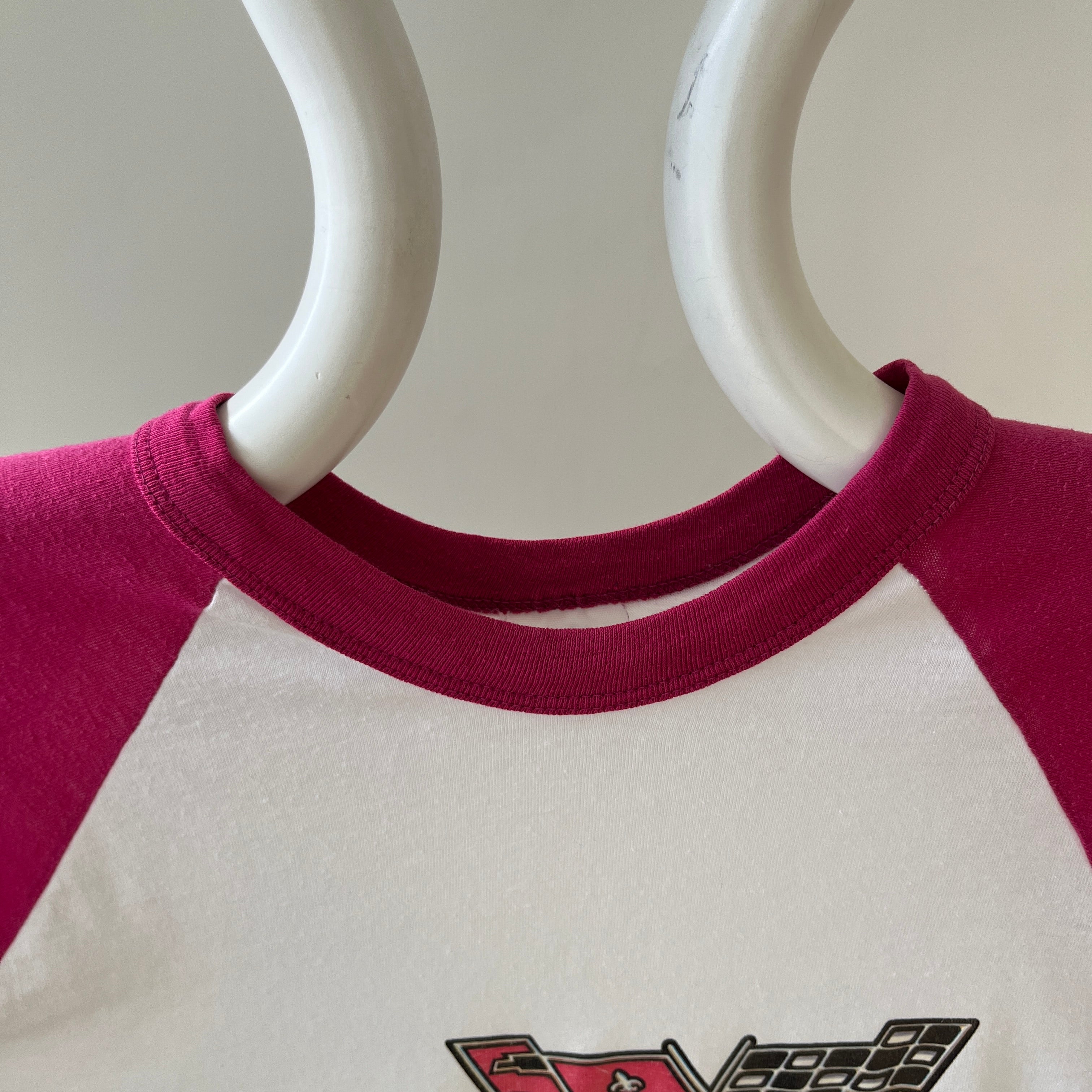 1970s Corvette Pink and White Baseball T Shirt