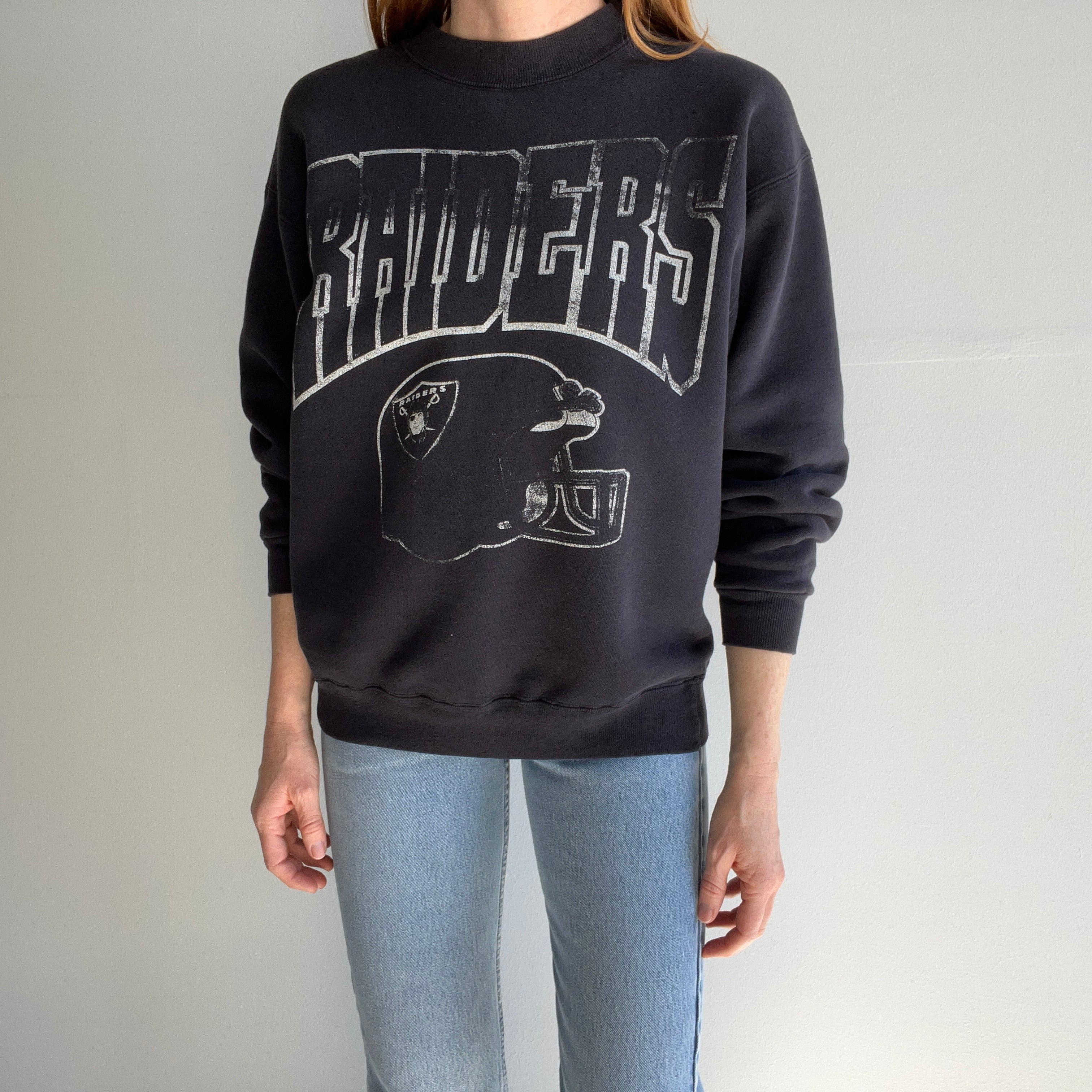 1990s Super Rad Hand Mended Raiders Sweatshirt - Killer Gauge and Fading