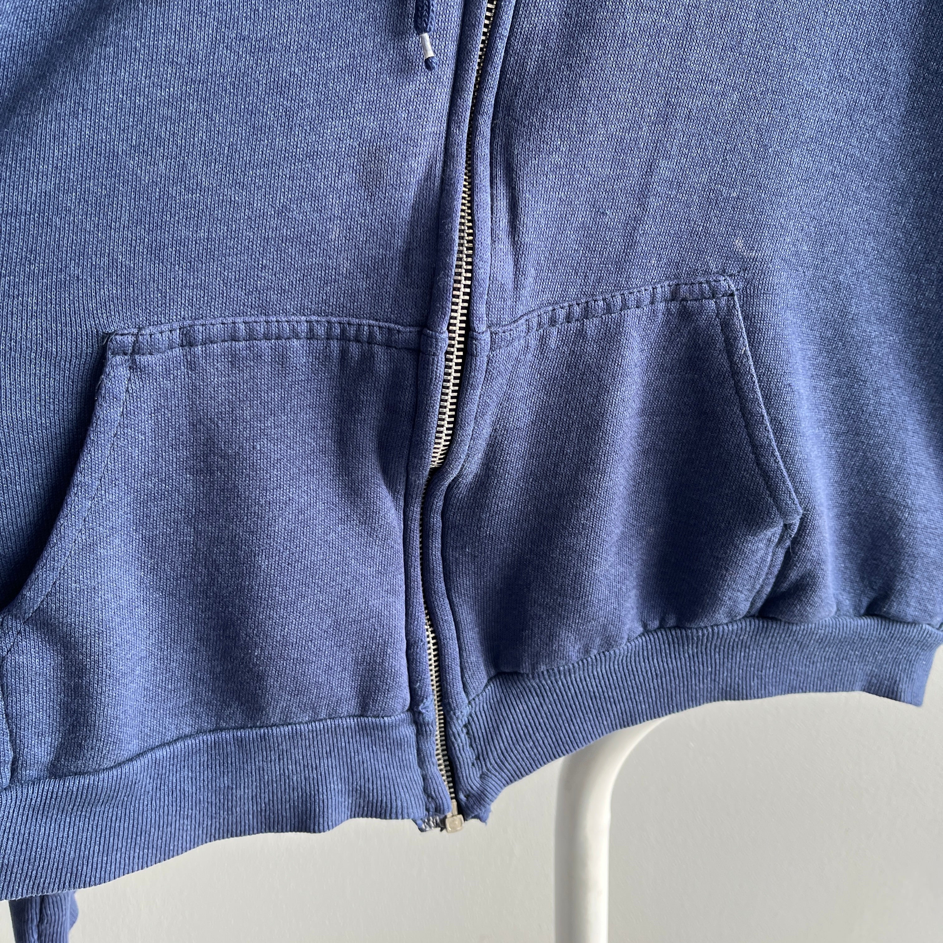 1980s Thinned Out and Worn and Faded and Tattered and Torn Navy Zip Up Hoodie