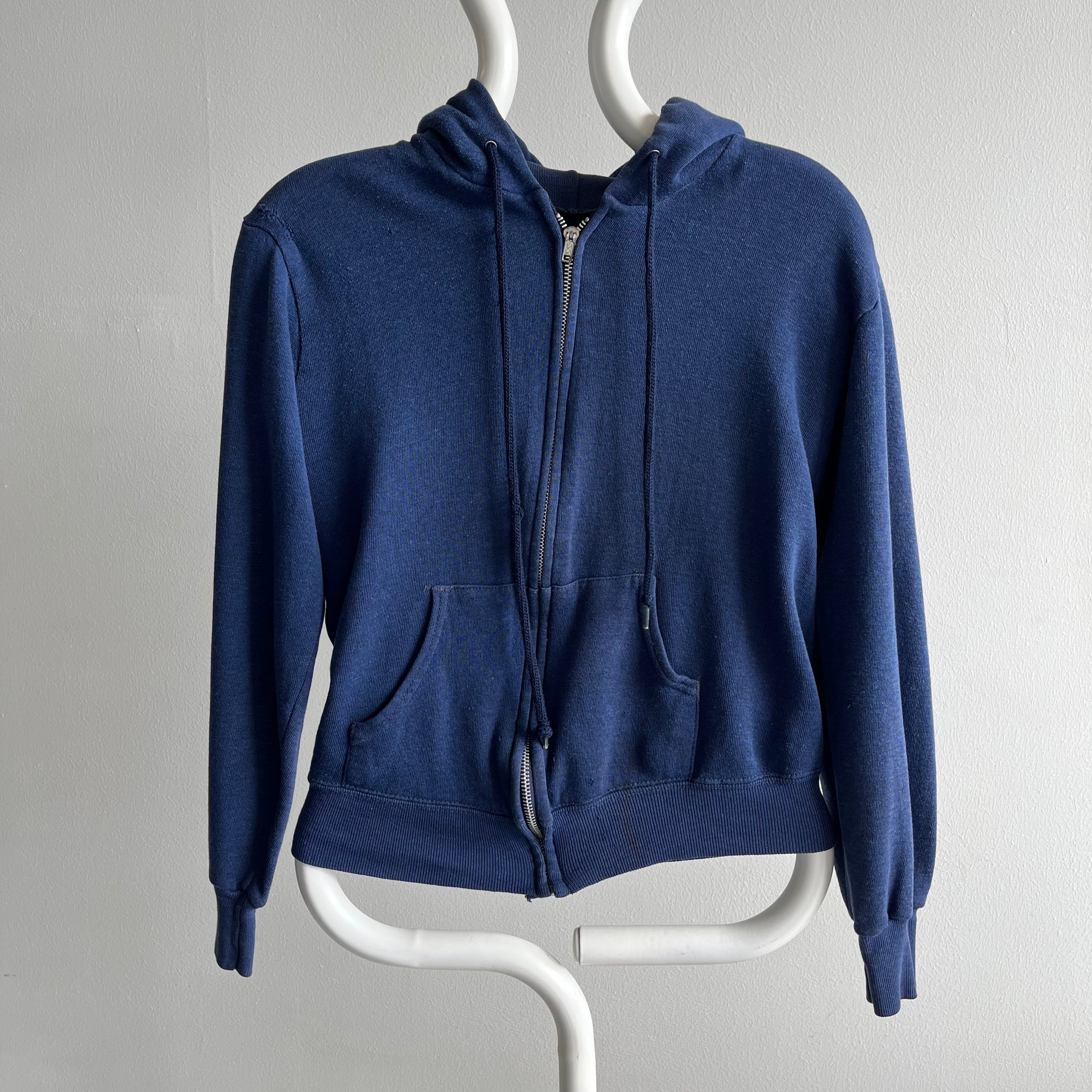 1980s Smaller Navy Zip Up Hoodie with Mending