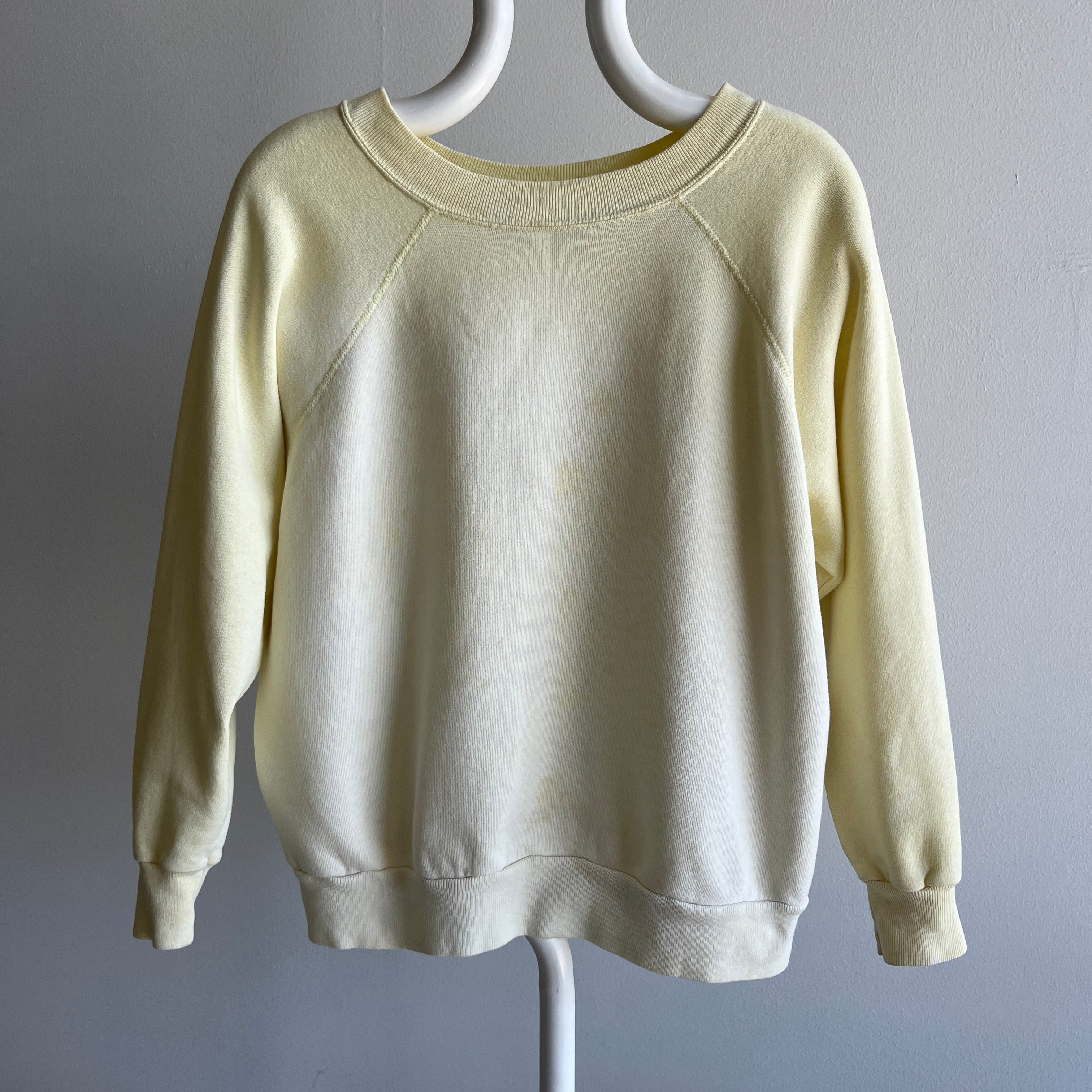 1980s Super Sun Faded and Stained Buttery Pale Yellow Sturdy Sweatshirt by Pannill