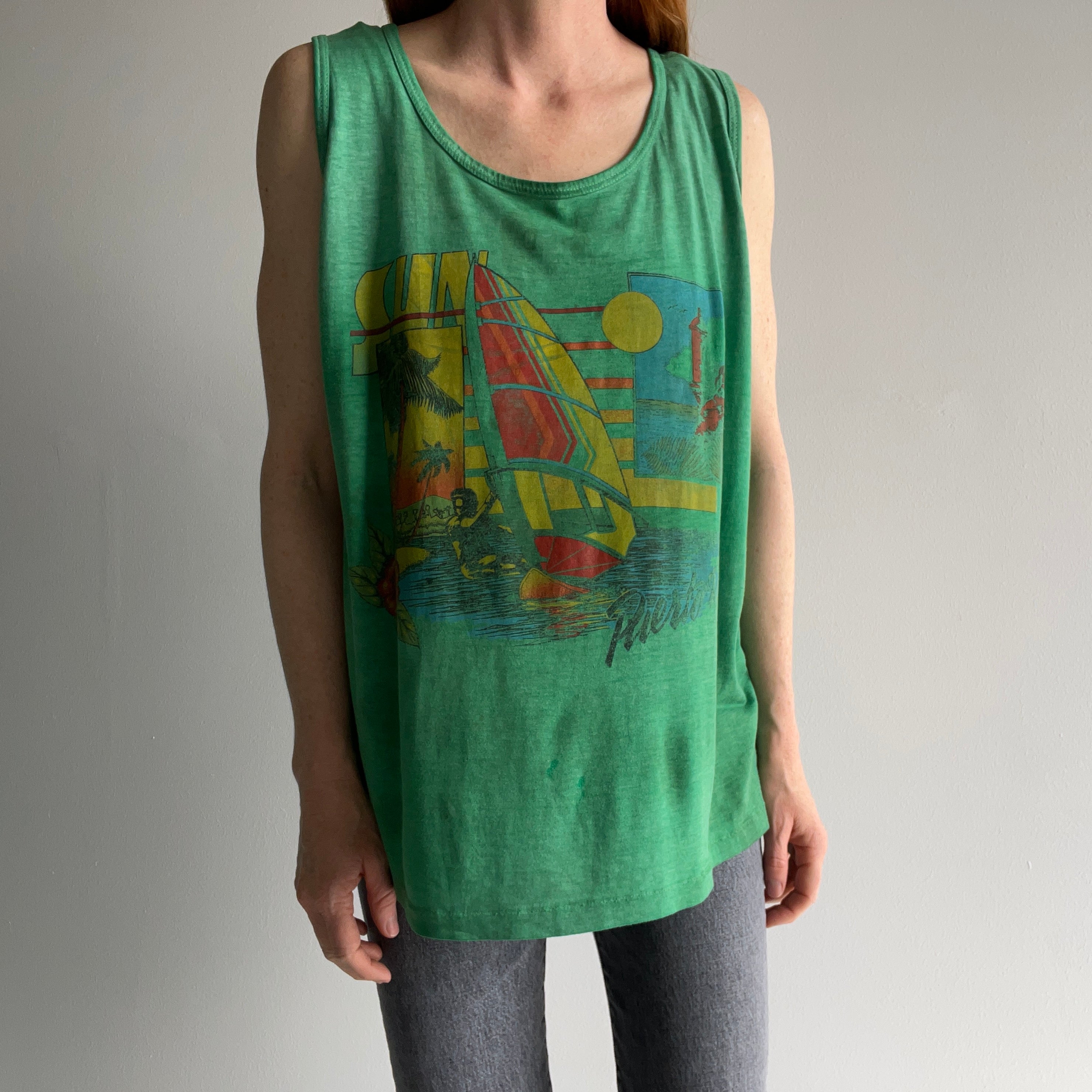 1980s Totally Thinned Out and Heavily Stained Puerto Rico Tank Top