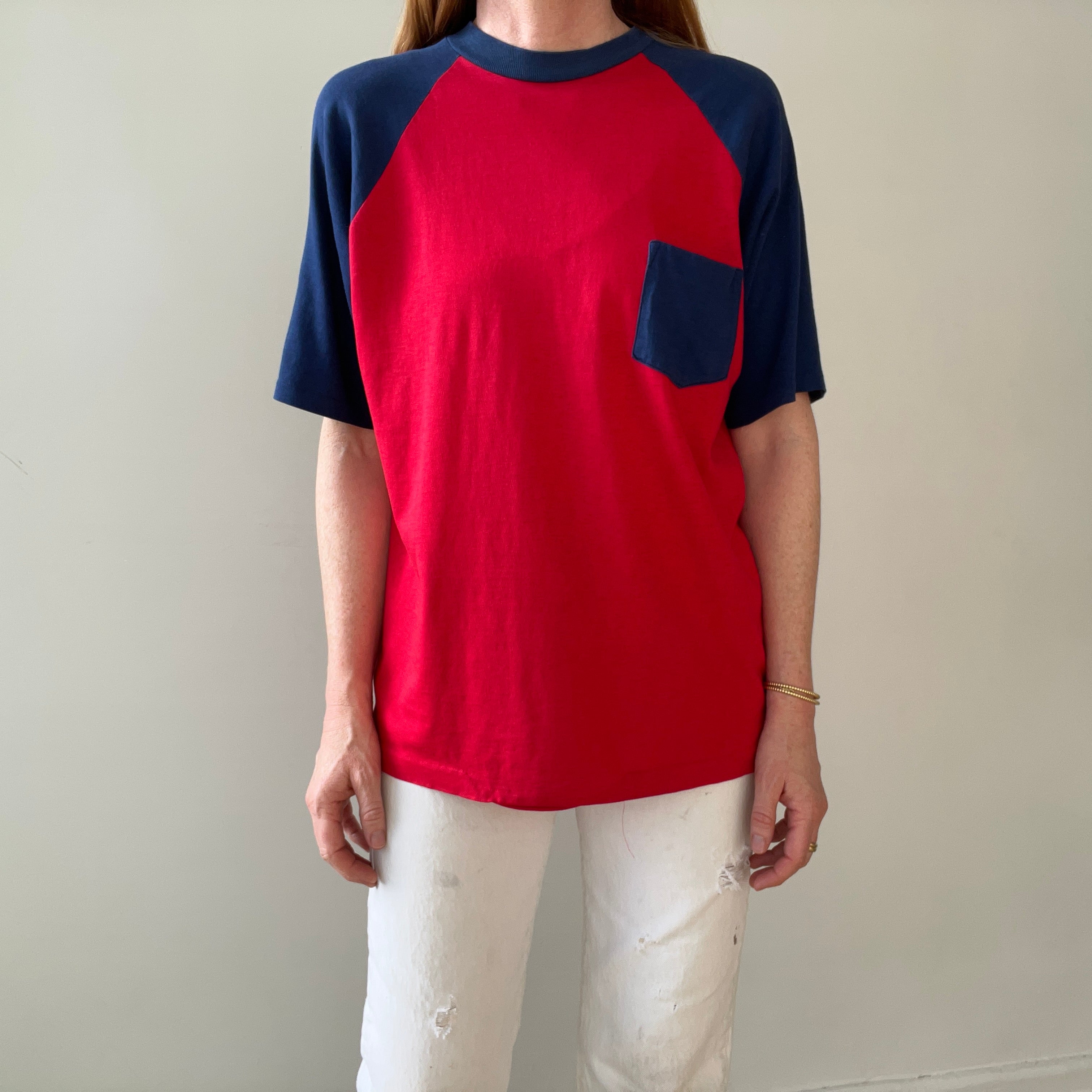 1970s Two Tone Red and Blue Pocket T Shirt