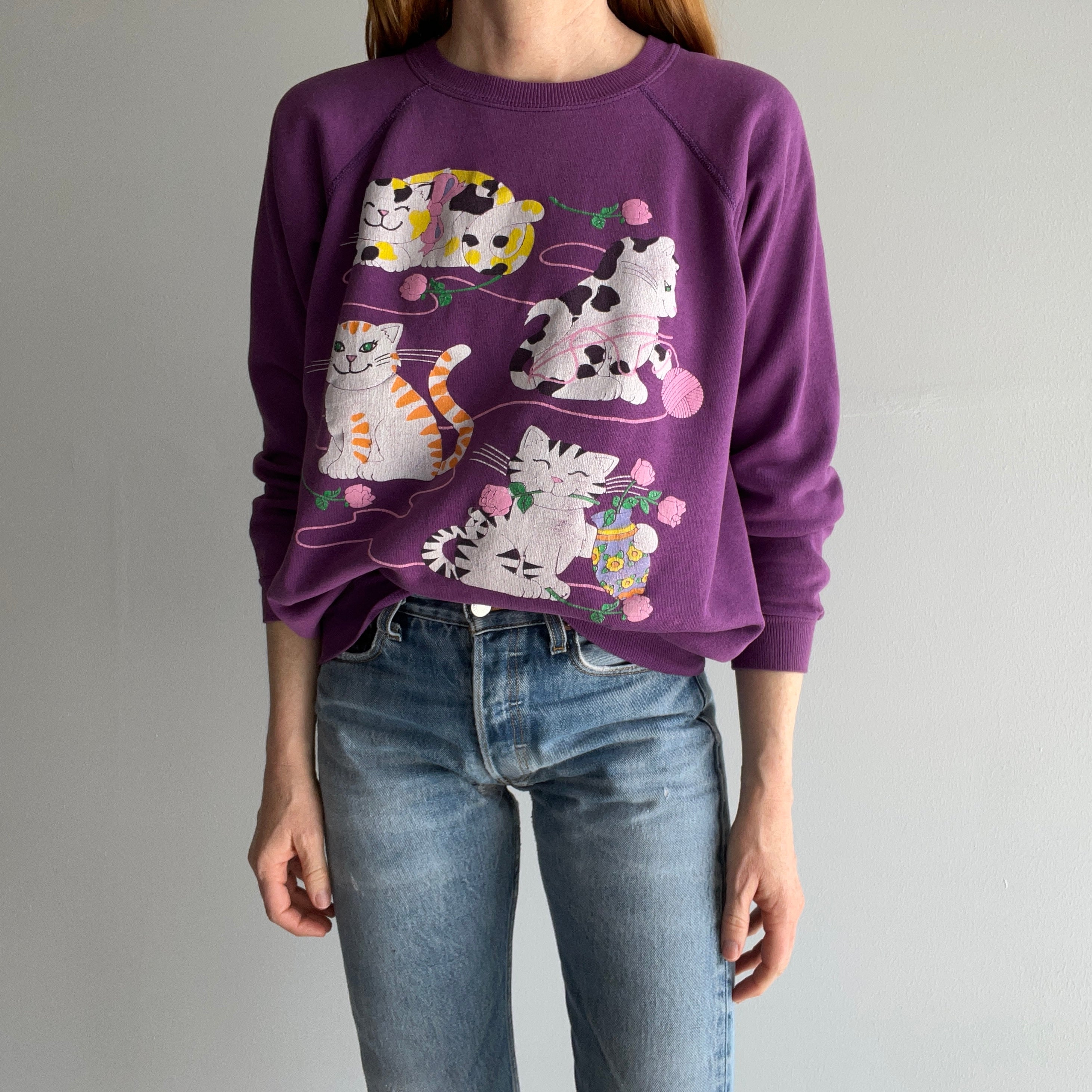 1980s Cats and Yarn and Flowers and Bows Sweatshirt