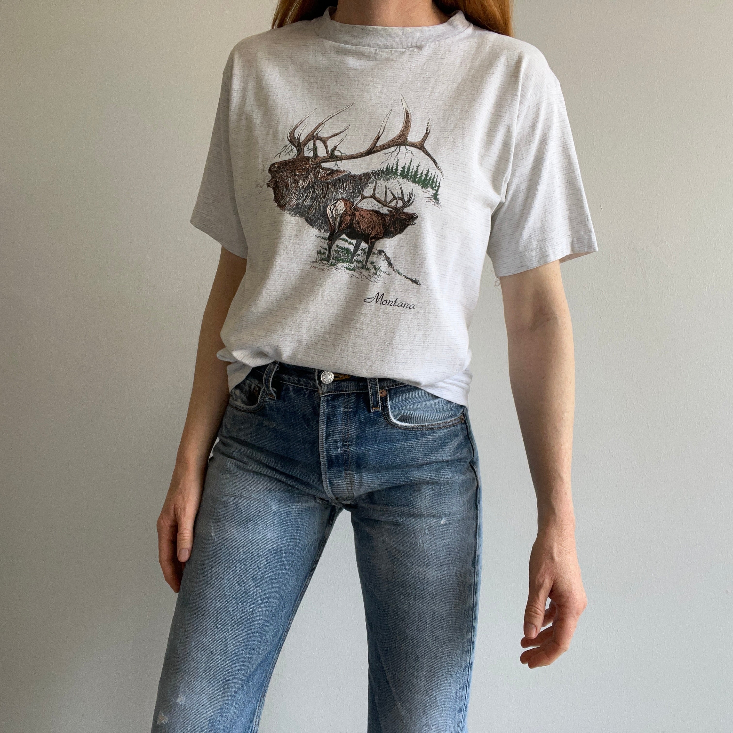 1991 Elk? Montana Pinstripe/Heather Gray Graphic T-Shirt