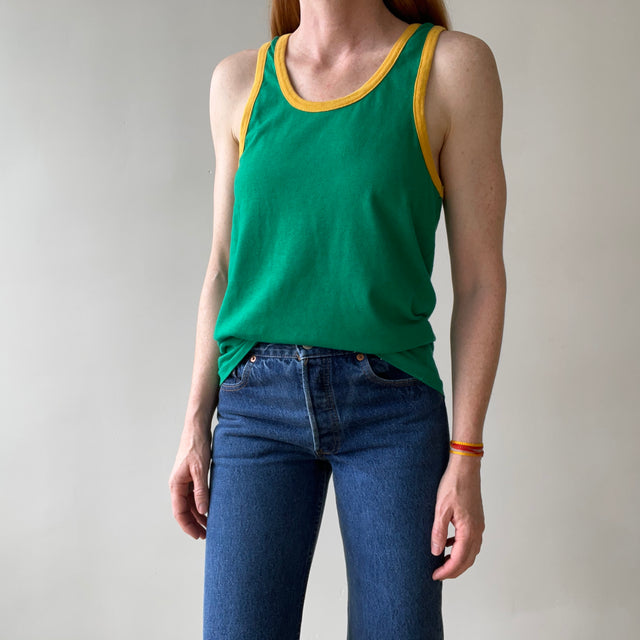 1970s/80s Green With Mustard Ribbing Tank Top - RAD