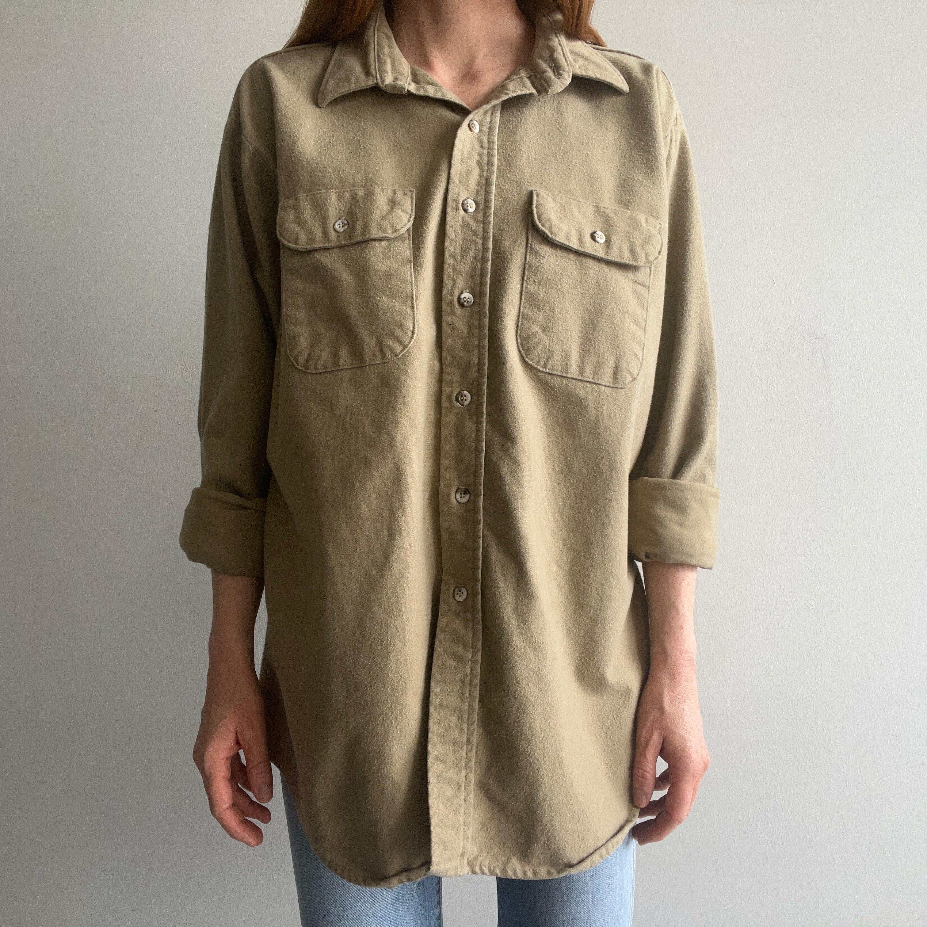 1980s Khaki Colored Cotton Flannel by Five Brothers