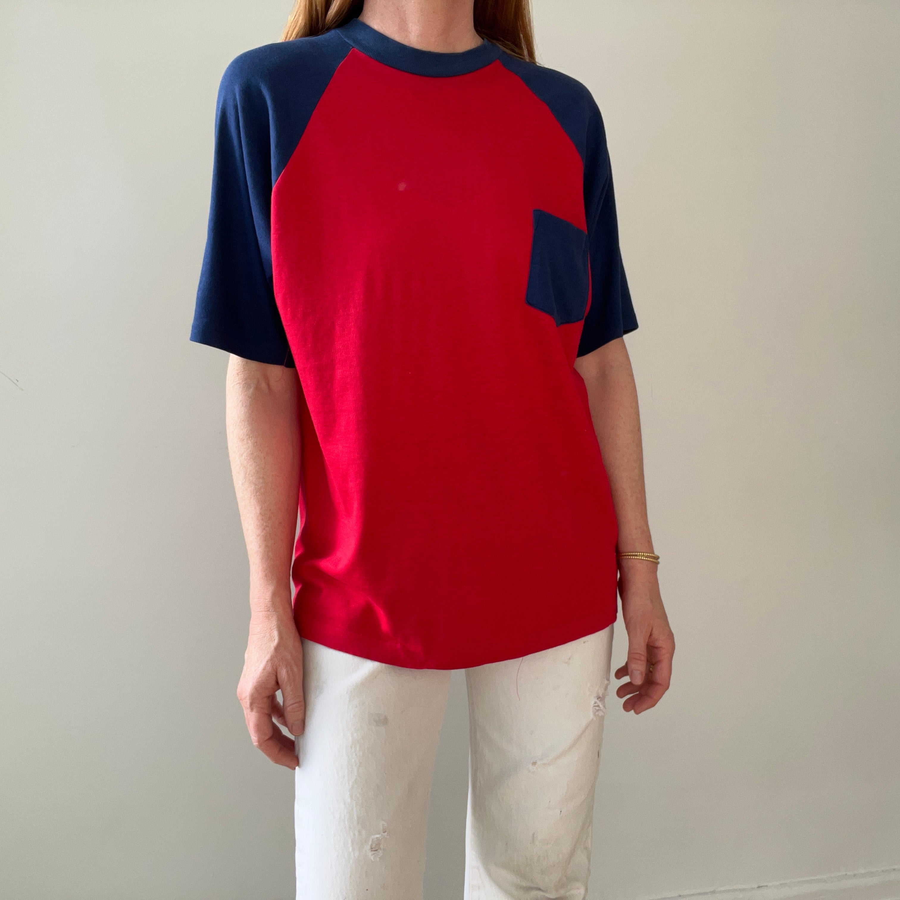 1970s Two Tone Red and Blue Pocket T Shirt