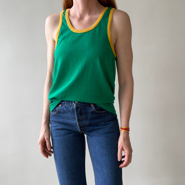 1970s/80s Green With Mustard Ribbing Tank Top - RAD