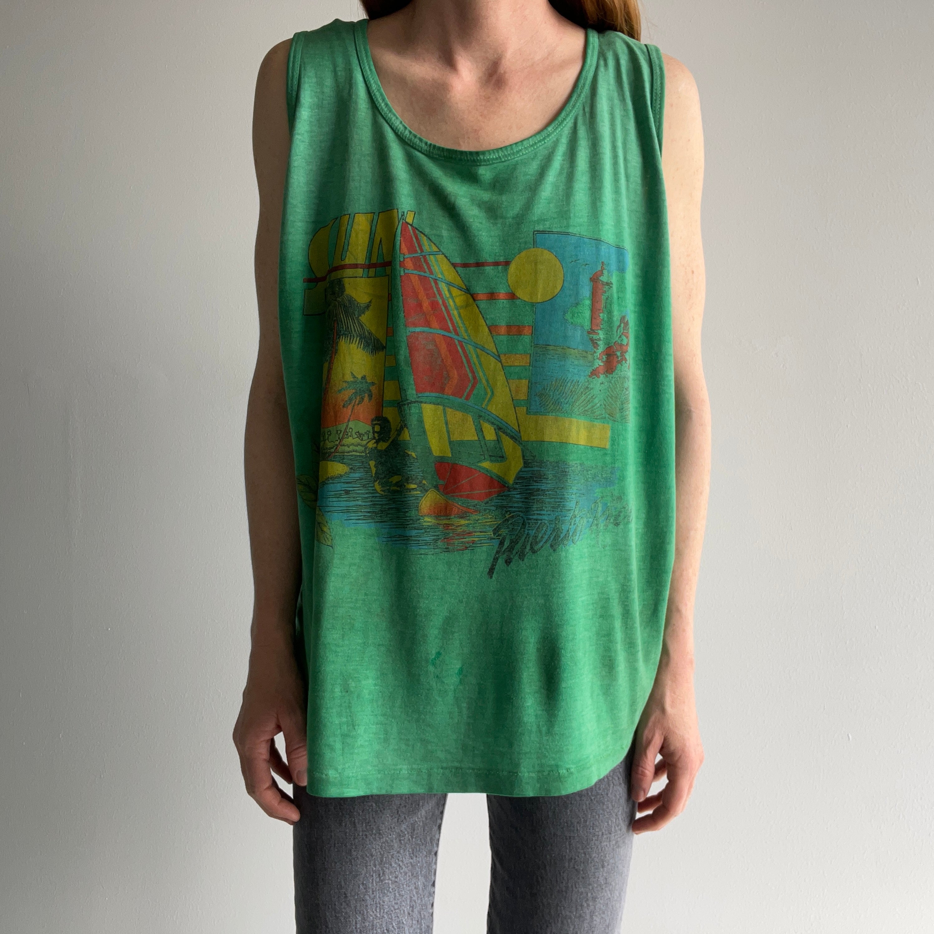 1980s Totally Thinned Out and Heavily Stained Puerto Rico Tank Top