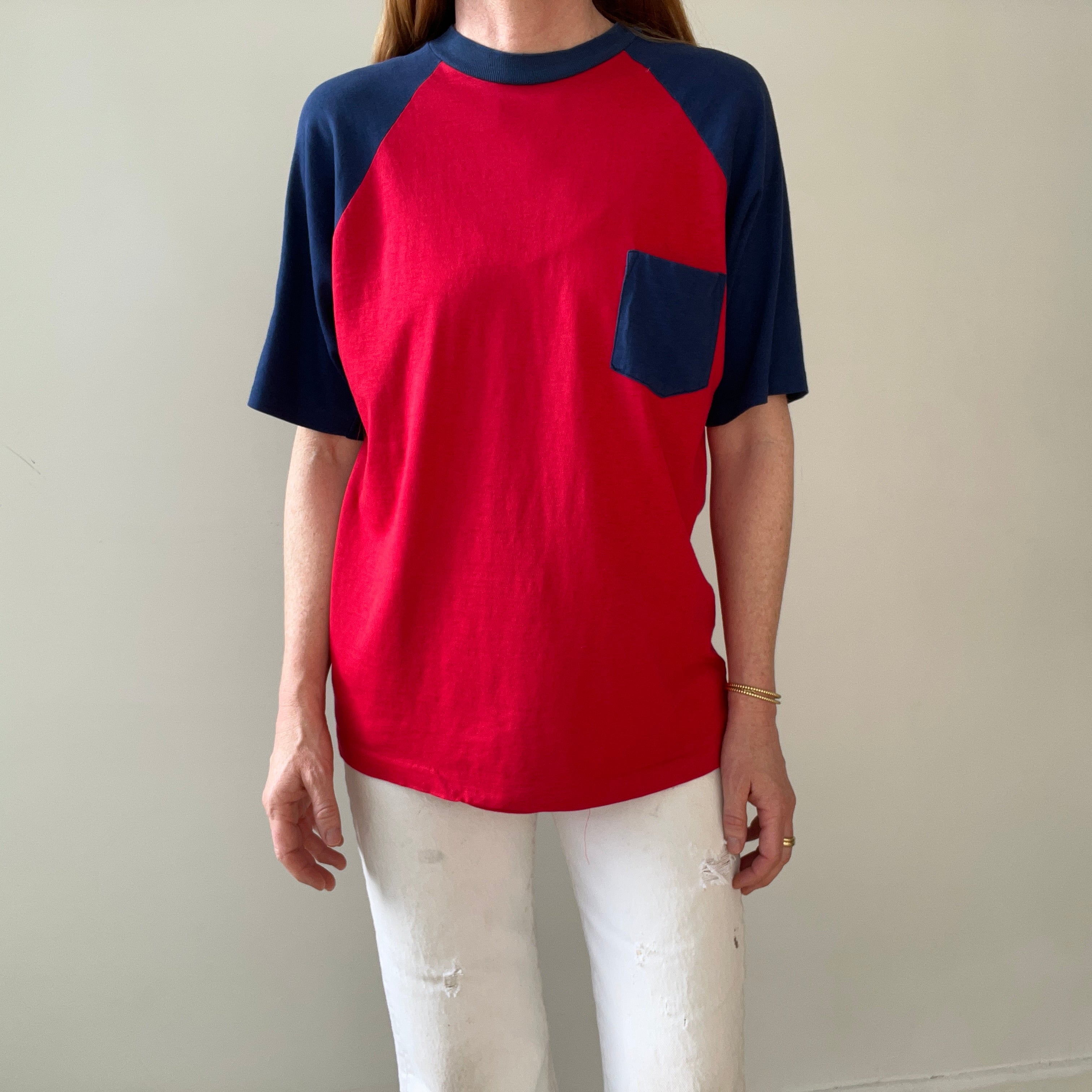 1970s Two Tone Red and Blue Pocket T Shirt