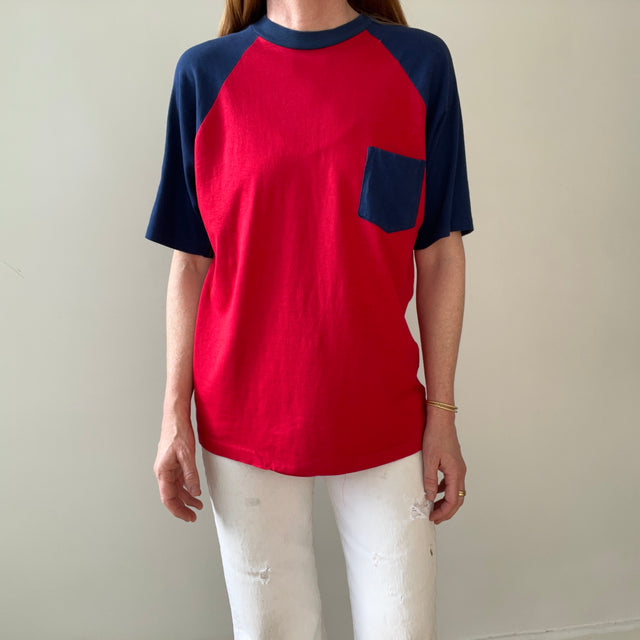 1970s Two Tone Red and Blue Pocket T Shirt