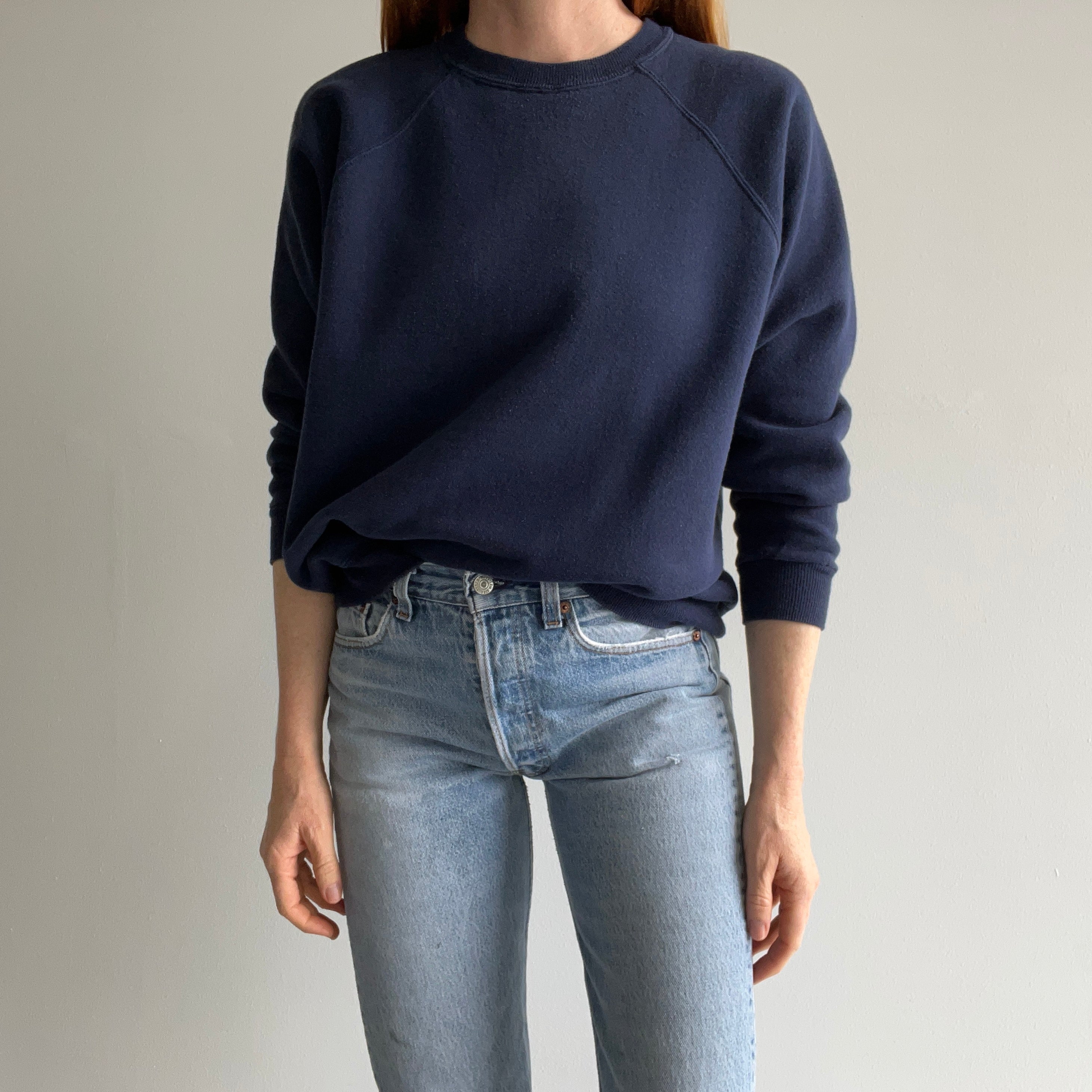 1990s Blank Navy Raglan Sweatshirt by Hanes