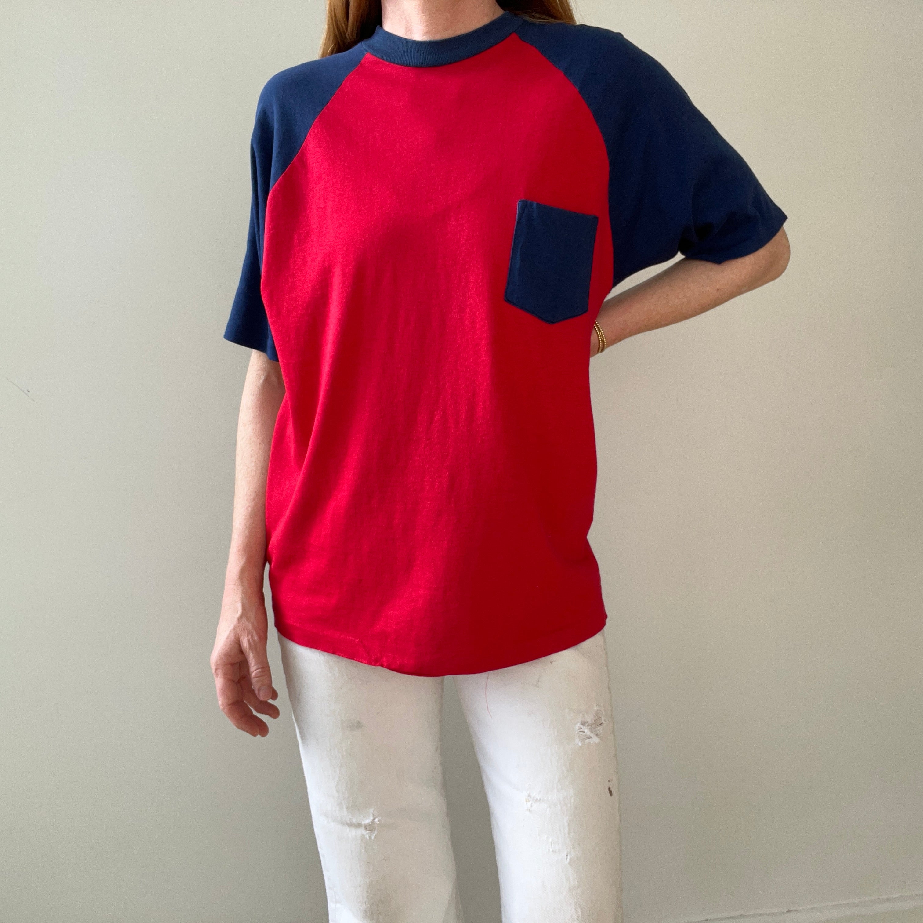 1970s Two Tone Red and Blue Pocket T Shirt