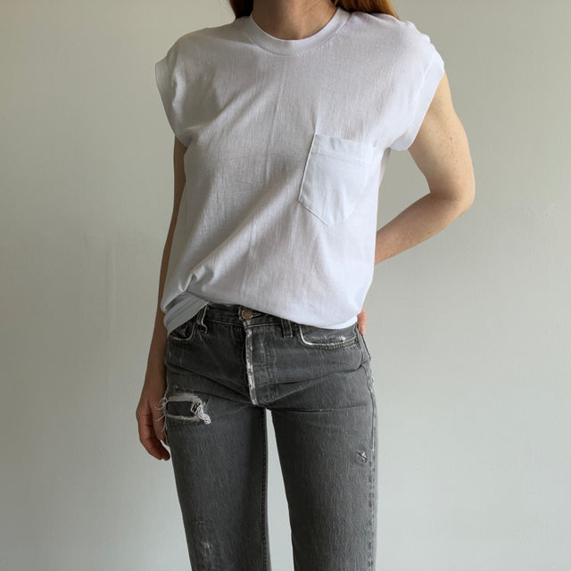 1980s Blank White Pocket Muscle T-Shirt