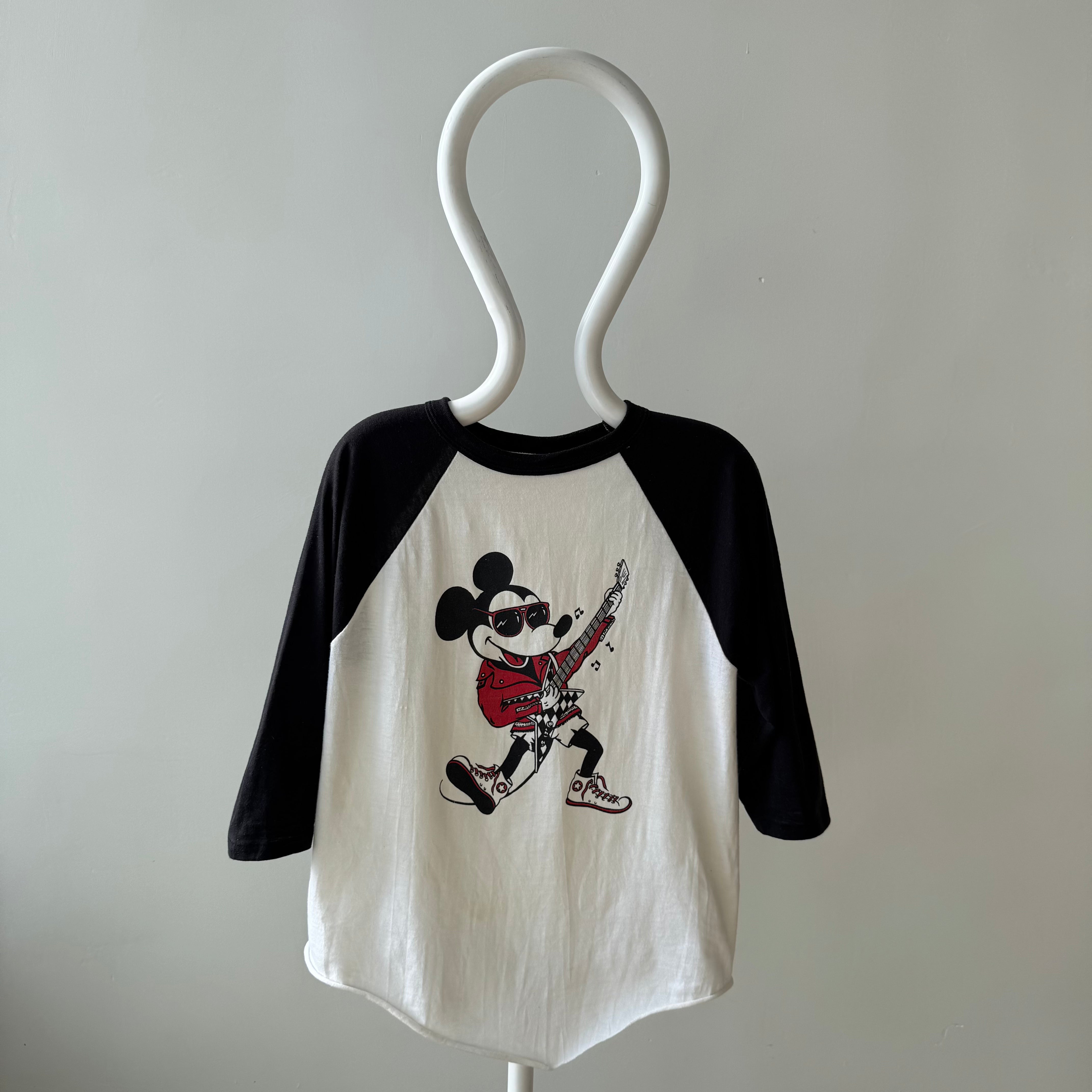 1980s (Early) Mickey Mouse Rocking Out in High Tops and a Leather Jacket Baseball T-Shirt