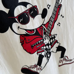 1980s (Early) Mickey Mouse Rocking Out in High Tops and a Leather Jacket Baseball T-Shirt