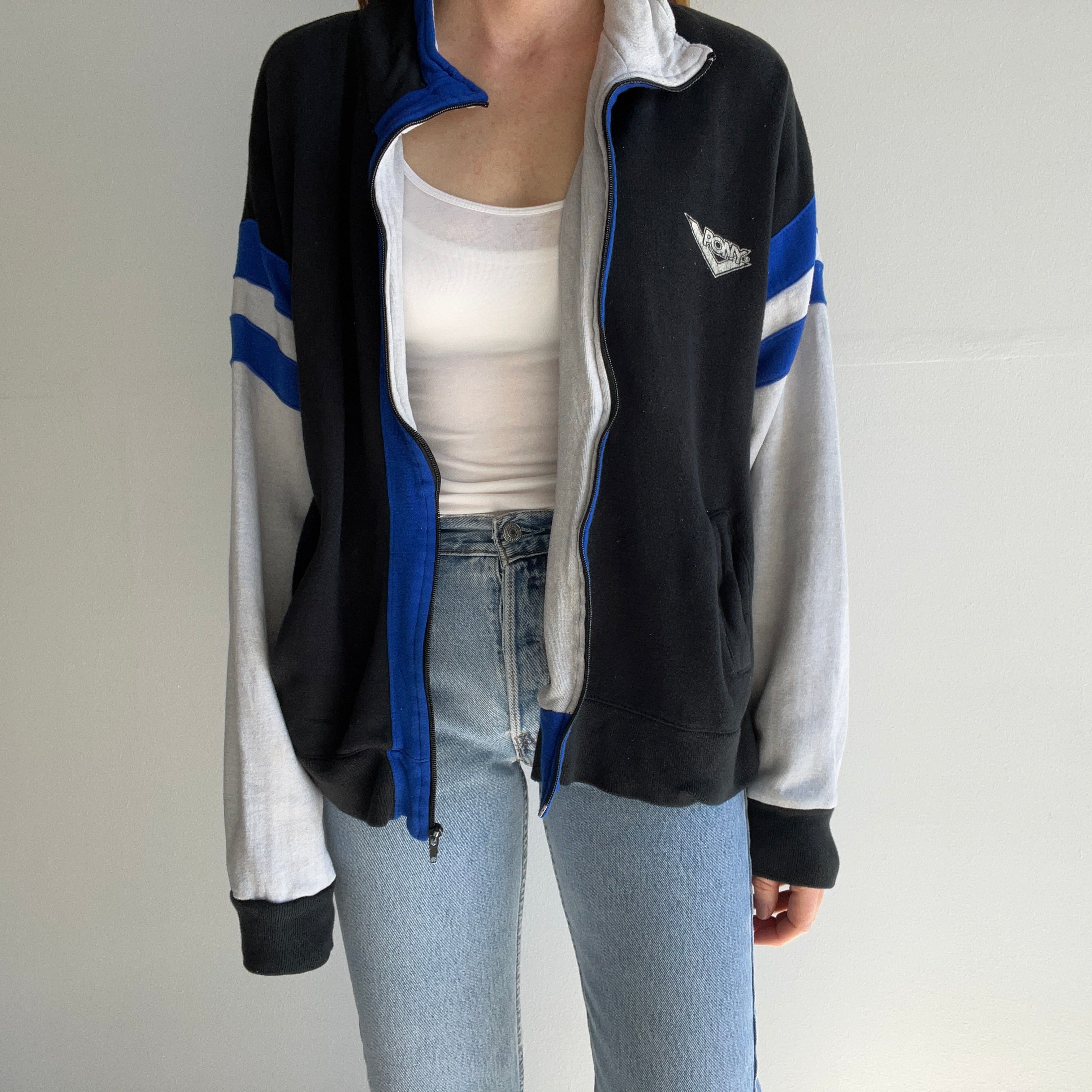 1990s Super Slouchy Stretched Out Pony Color Block Zip Up