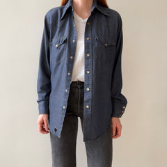 1970s Big Smith Slouchy Denim Cowboy Snap Front Shirt with Amber Colored Snaps and WOW Collar Points