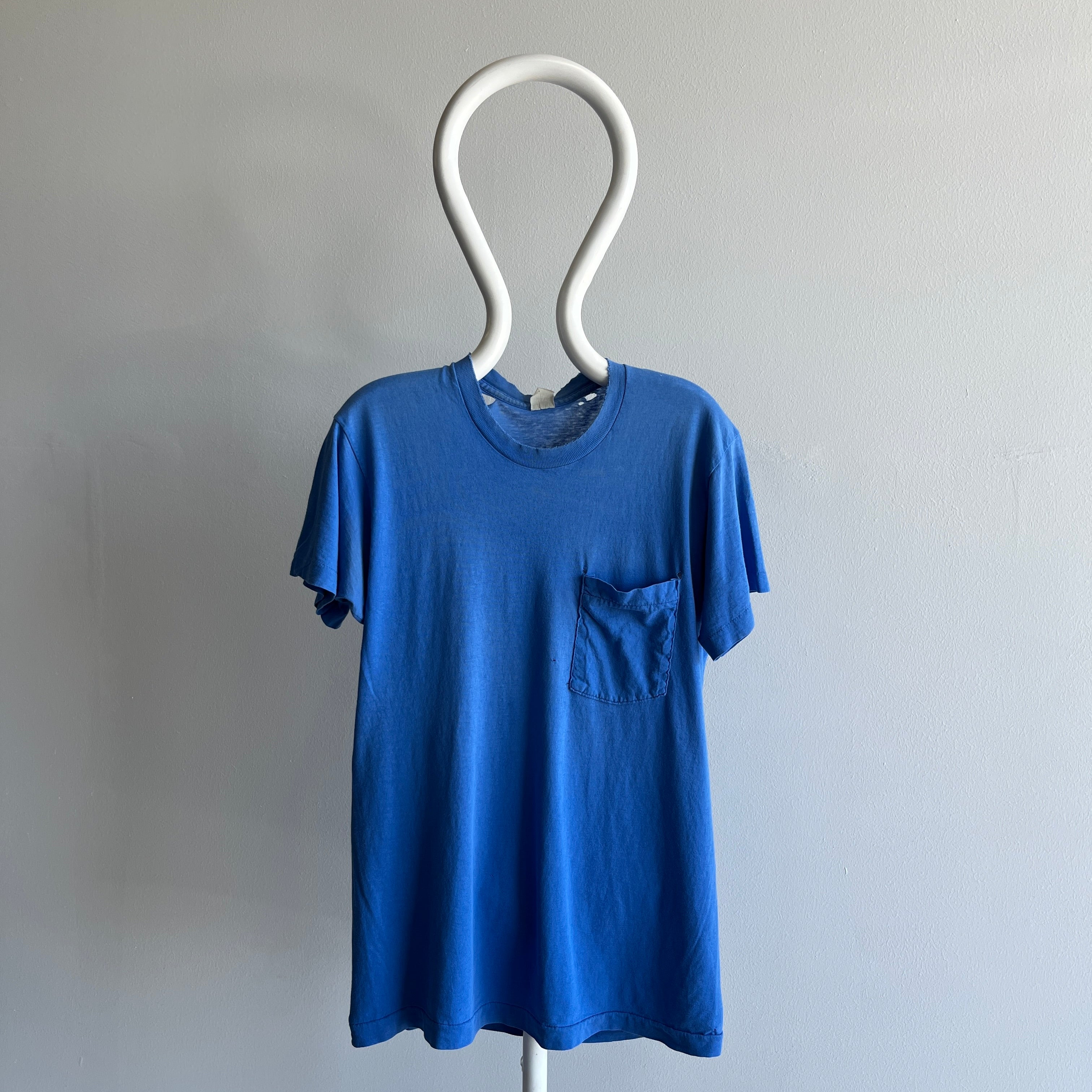 1980s Rad Thrashed Blank Cornflower Blue FOTL Pocket T-Shirt