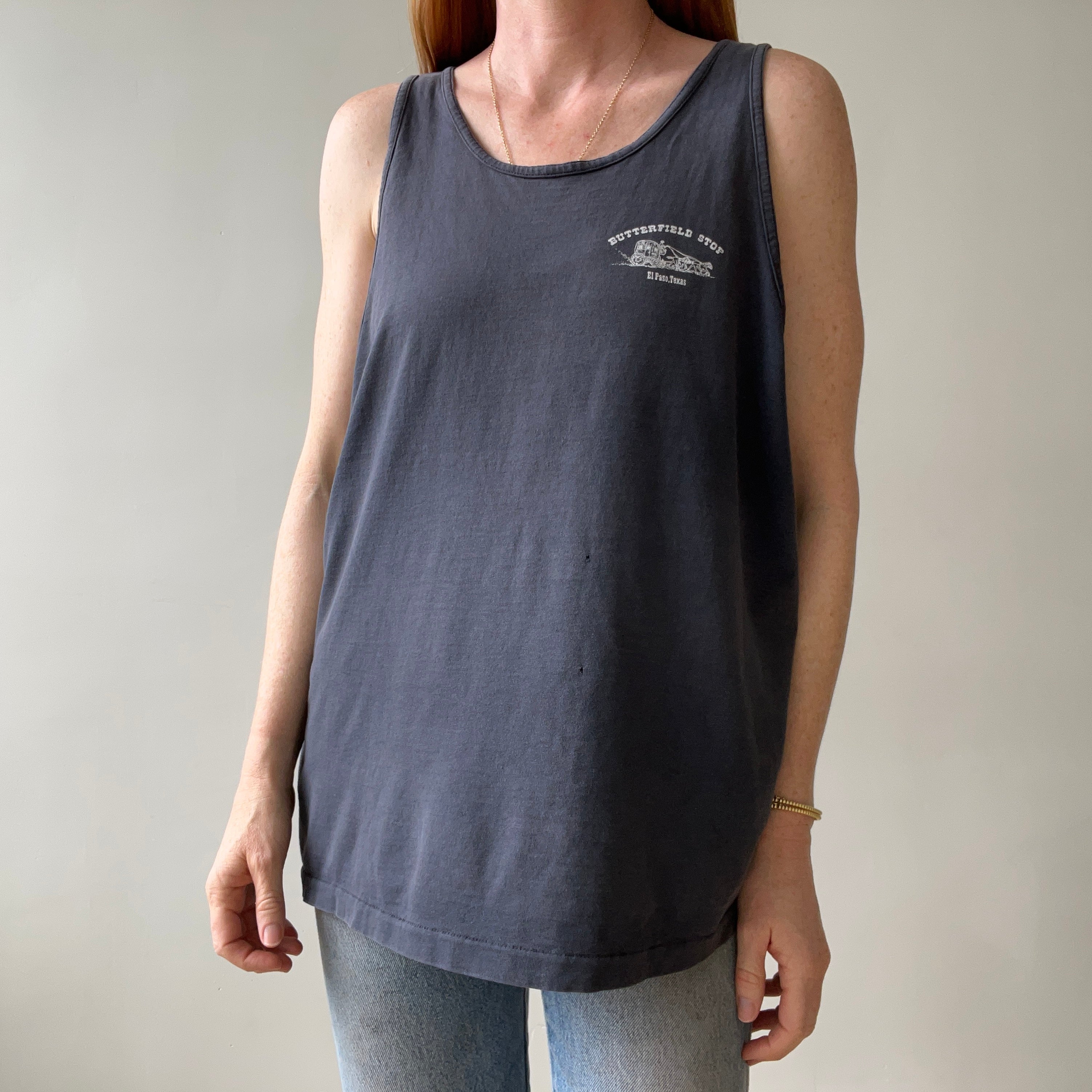 1990s Faded Black Butterfield Stop El Paso, Texas Tank Top