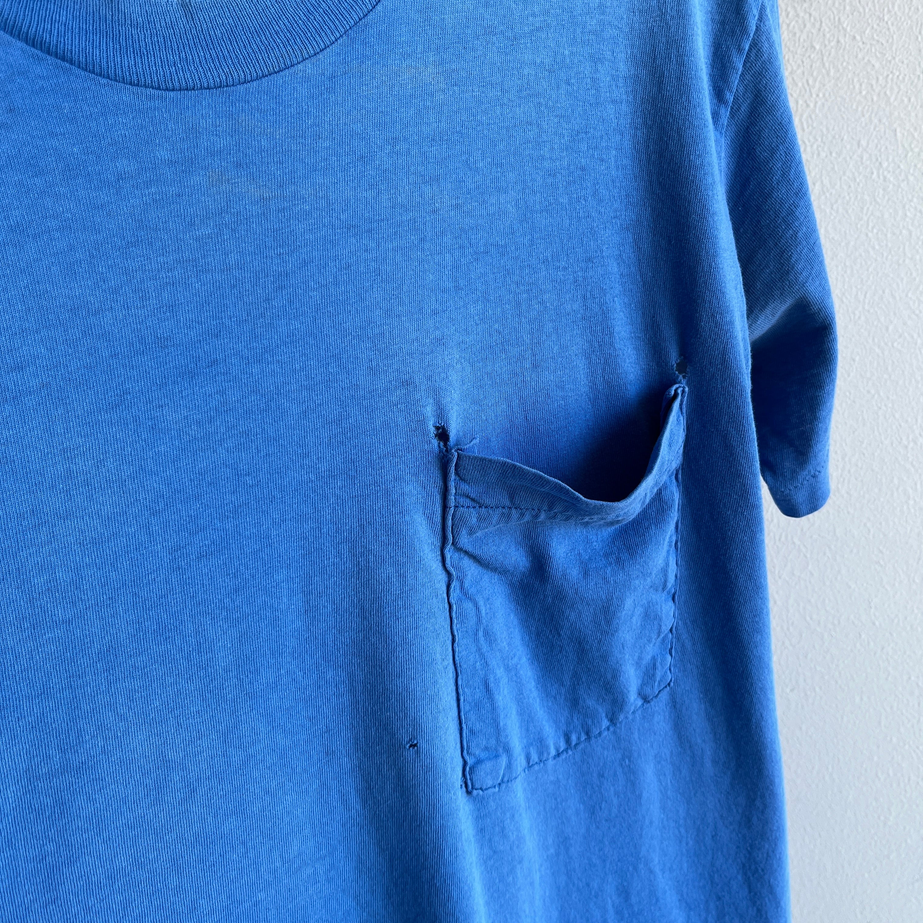1980s Rad Thrashed Blank Cornflower Blue FOTL Pocket T-Shirt