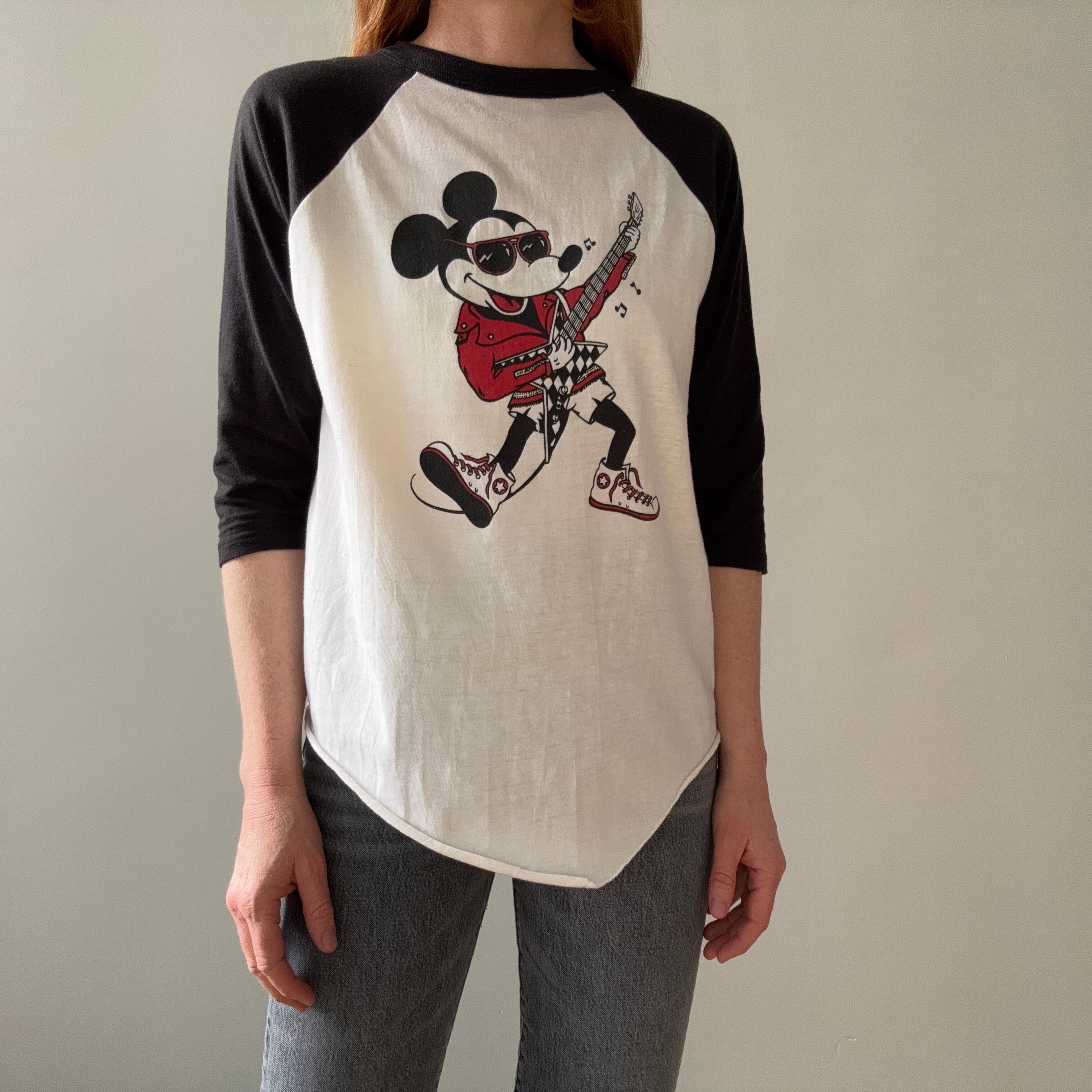 1980s (Early) Mickey Mouse Rocking Out in High Tops and a Leather Jacket Baseball T-Shirt