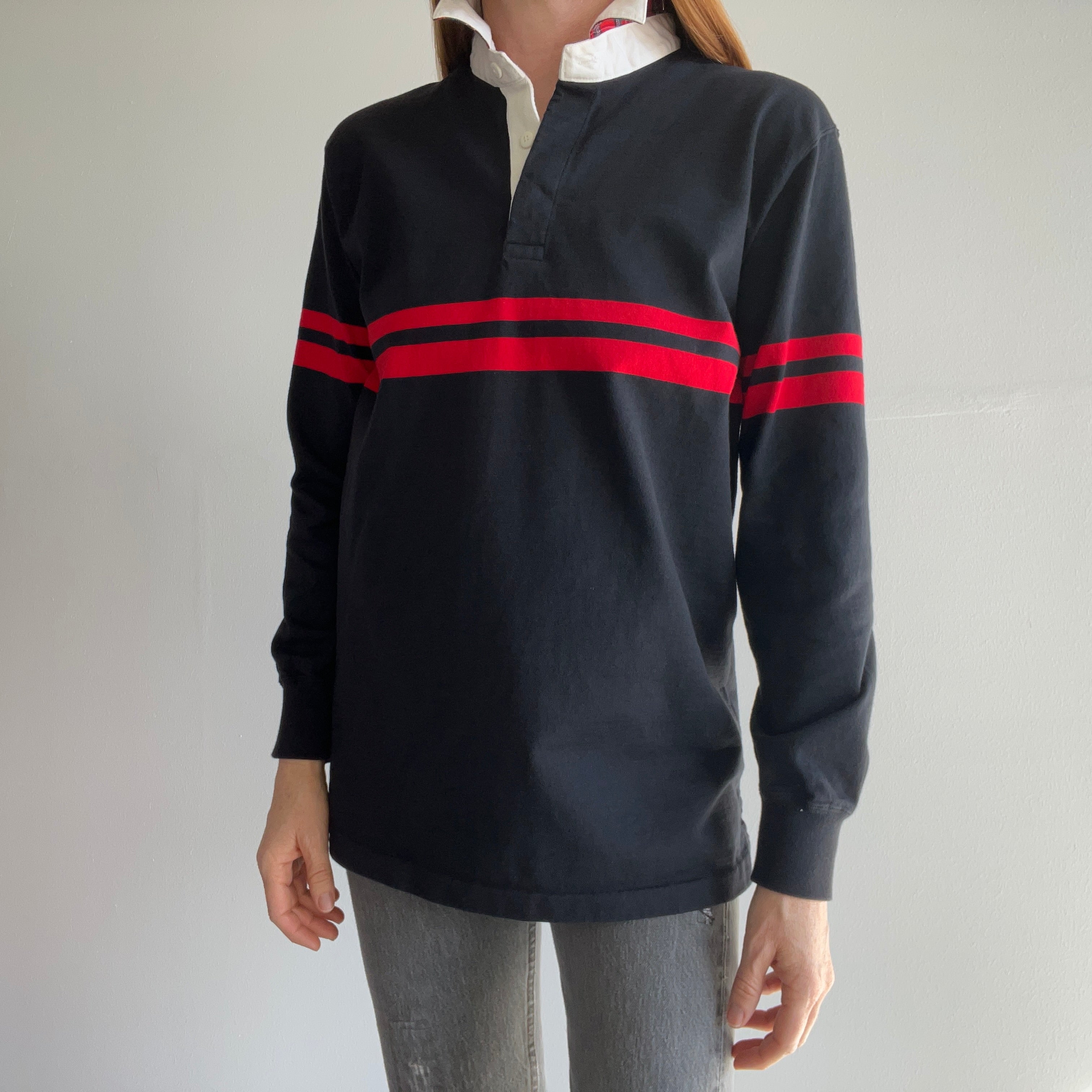 1980s Izod Rugby Shirt with Plaid Accents Under The Collar