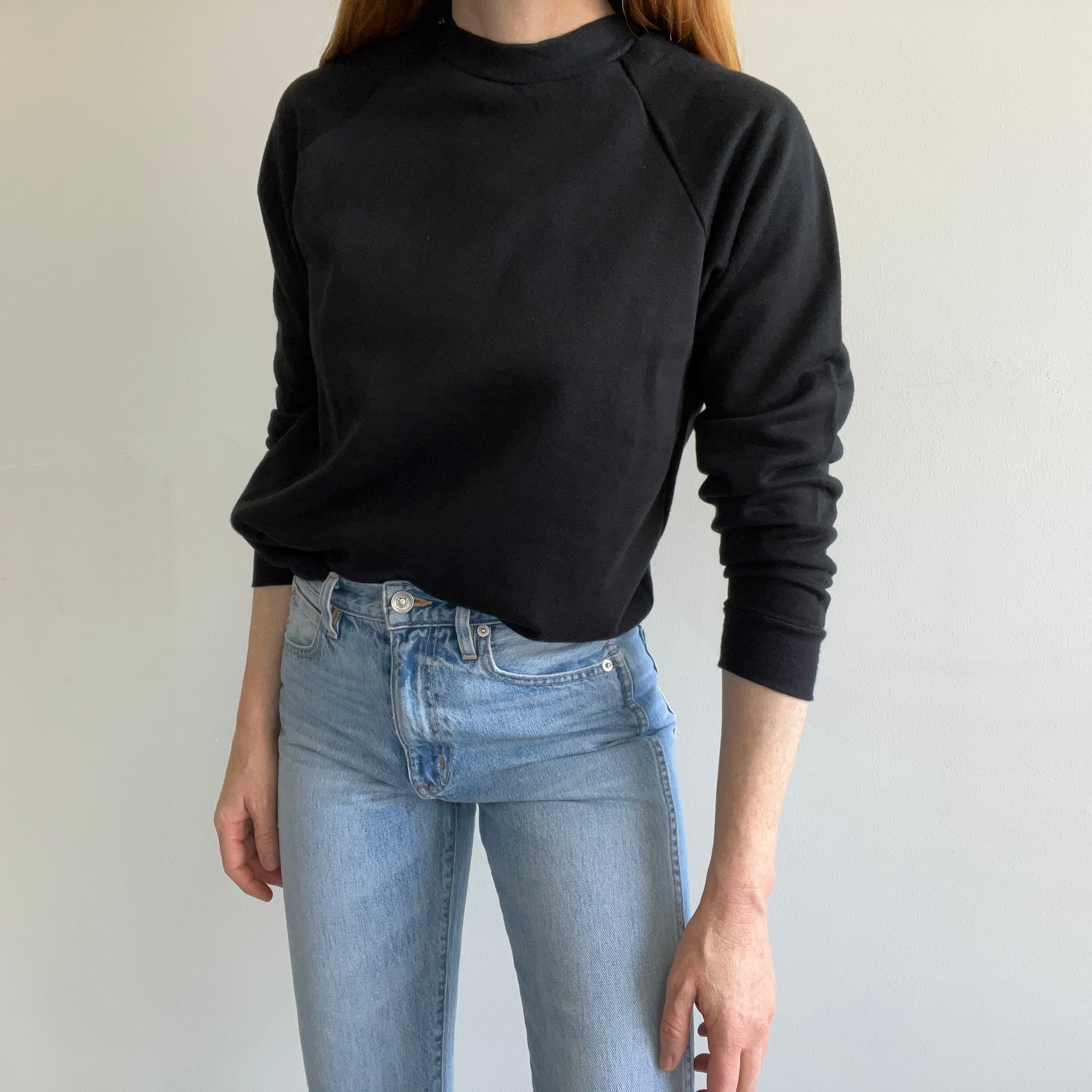 1980s Never (?) Worn Blank Black Smaller Sized Raglan Sweatshirt