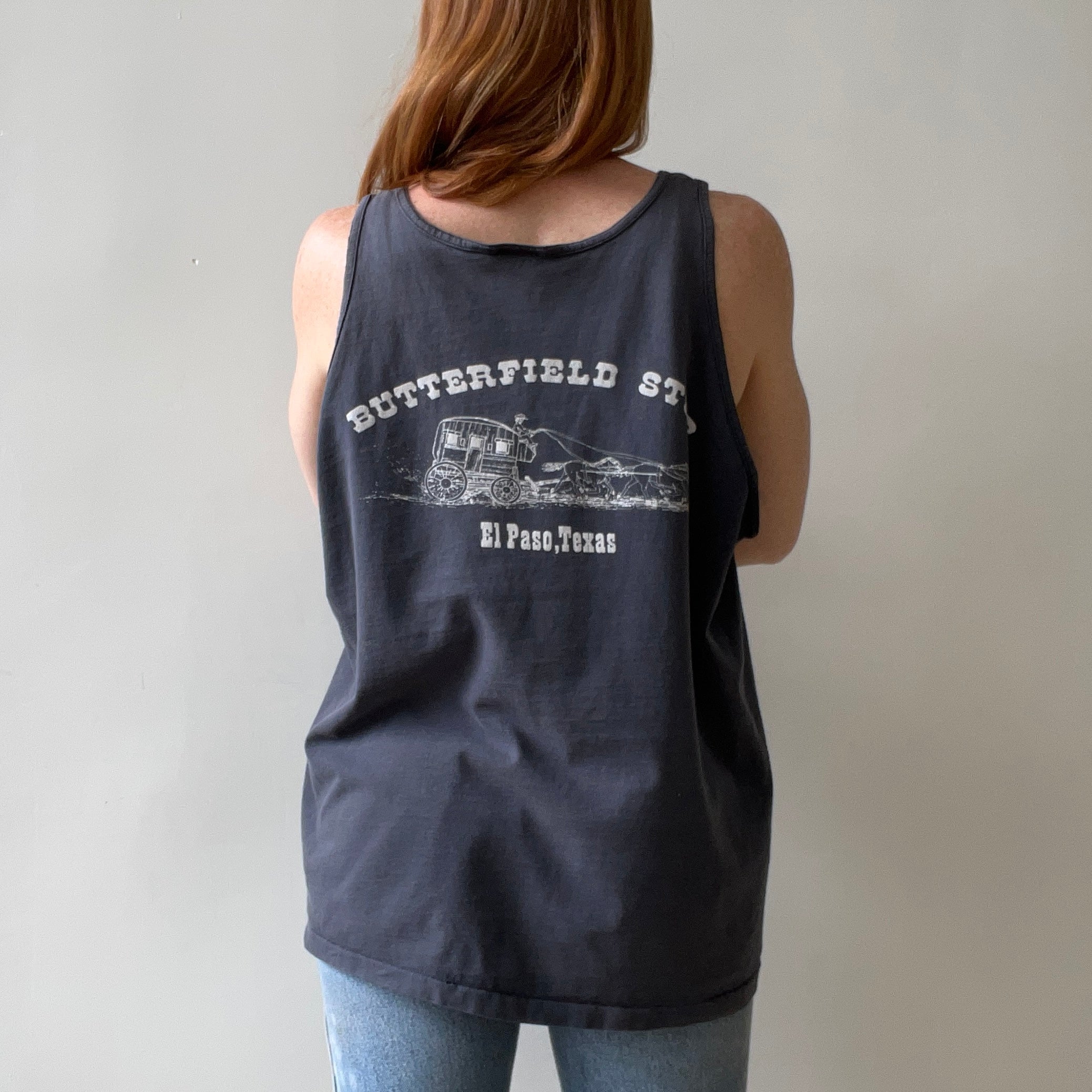 1990s Faded Black Butterfield Stop El Paso, Texas Tank Top