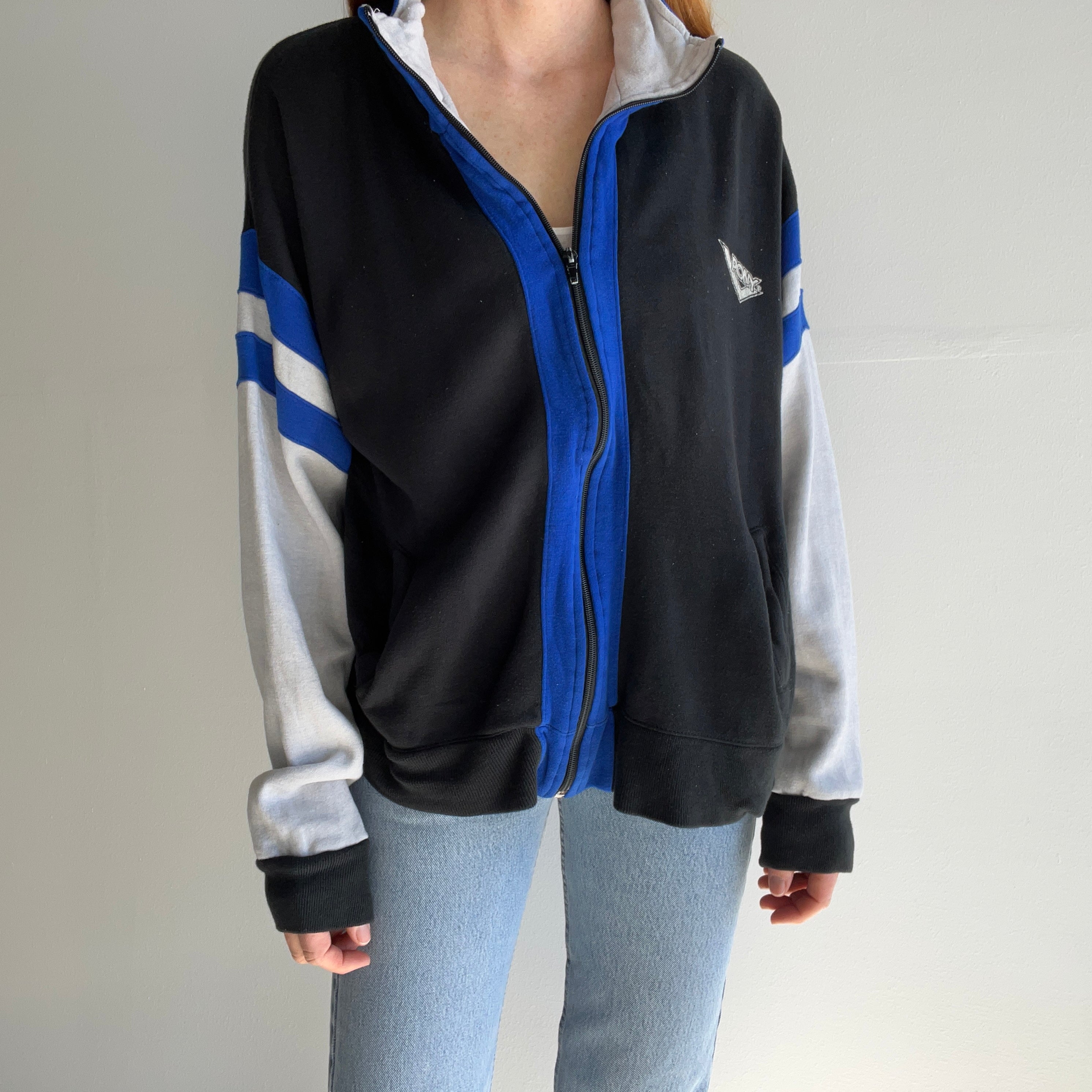 1990s Super Slouchy Stretched Out Pony Color Block Zip Up